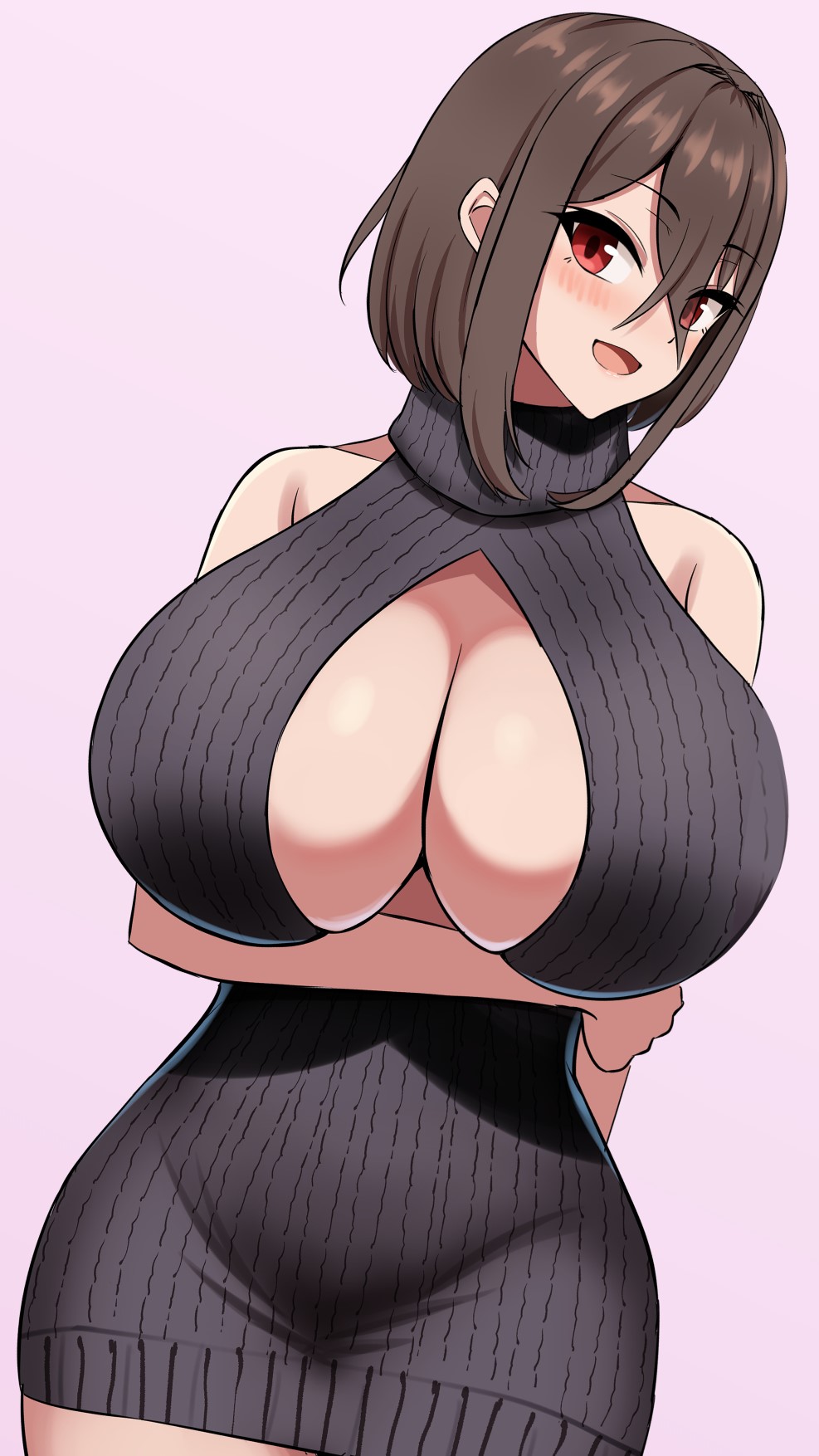 black_clothing bob_cut boob_window brown_hair cleavage_cutout clothing_cutout dress emp_(denjipgre) female hair_between_eyes hand_on_arm huge_breasts medium_hair original red_eyes simple_background smile