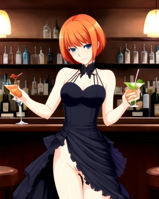 ai_generated bar blue_eyes cocktail cocktail_dress cocktail_glass ginger_hair original_character pussy pussy_visible