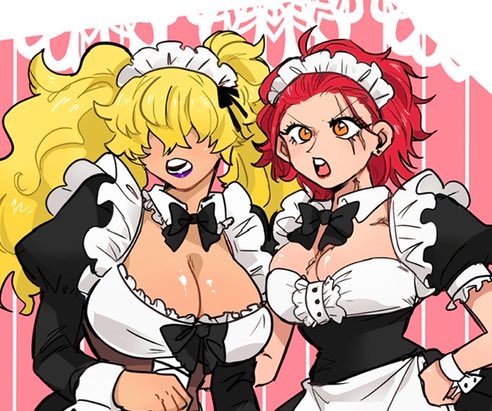 2girls big_breasts blonde_hair cleavage eustass_kid female female_only genderswap_(mtf) hair_over_eyes killer_(one_piece) lipstick long_hair maid maid_headdress maid_uniform mairimashita66 medium_hair one_piece orange_eyes purple_lipstick red_hair red_lipstick rule_63 twintails upper_body