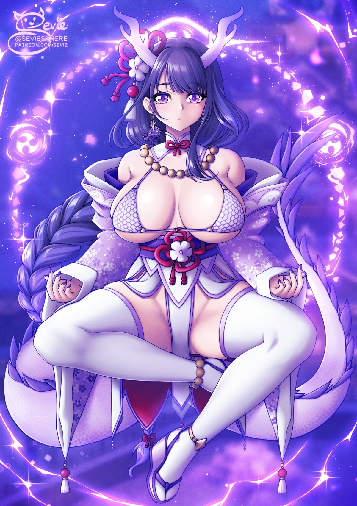 1girls, bikini, breasts, cleavage, female, genshin impact, hi res, horns, huge breasts, light skin, light-skinned female, long hair, purple eyes, purple hair, raiden shogun, sevie, solo female