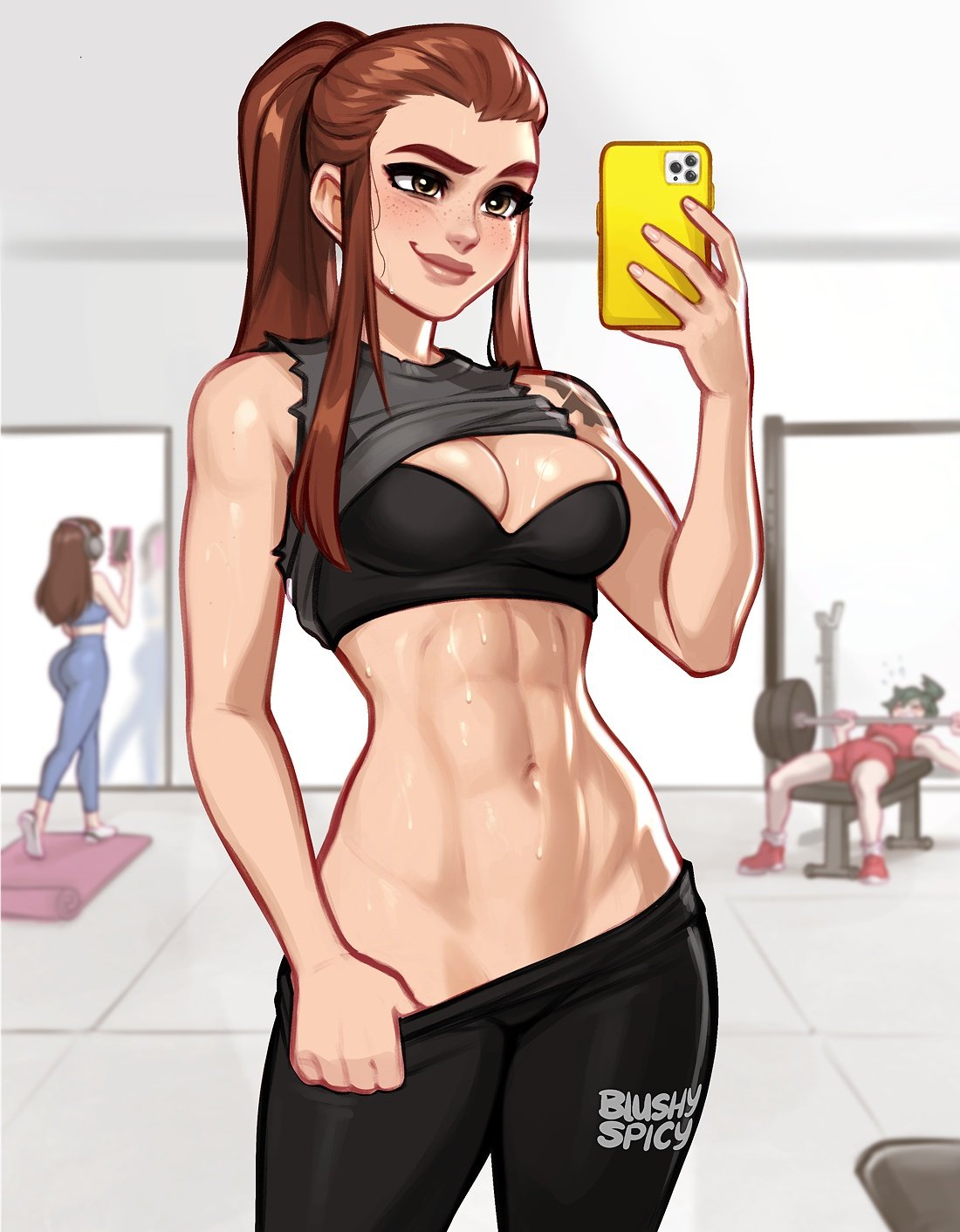 3girls abs ass athletic_female black_top blushypixy blushyspicy bra brigitte brown_eyes brown_hair brunette clothed d.va female_abs fit_female gym human kiriko_(overwatch) midriff mirror_selfie multiple_girls muscular_abs overwatch overwatch_2 pants_pulled_down phone pulling_down_pants selfie sportswear suggestive sweat sweatdrop tattoo toned_abs top_lift workout_clothes yoga_pants