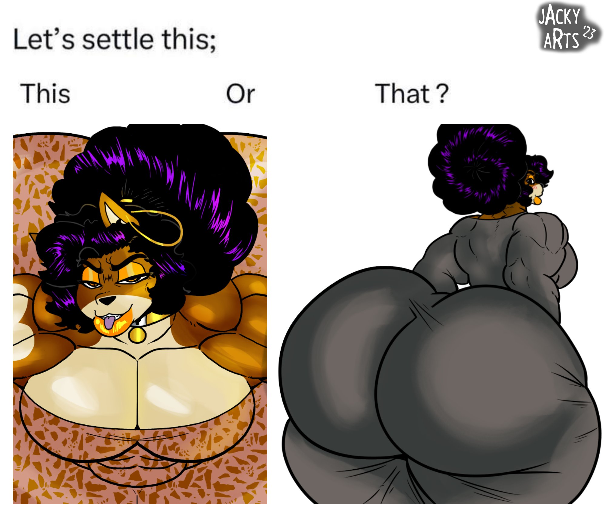 abs, anthro, ass, biceps, big ass, bubble ass, bubble butt, canid, canine, collar, earring, femboy, girly, huge ass, jacky arts, large ass, looking at viewer, looking back, male, meme, muscular, muscular male, pecs, thick thighs, thunder thighs, venus (jacky arts), wide hips
