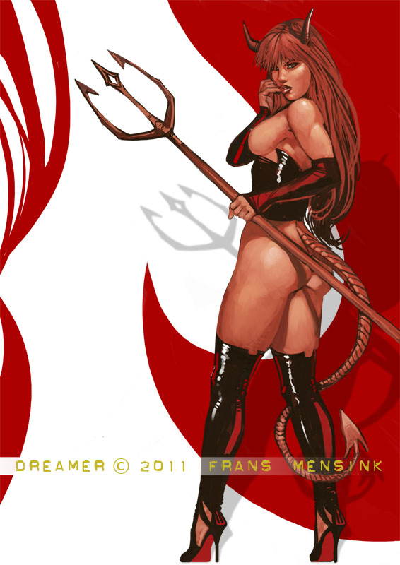 2011 ass bare_shoulders black_gloves black_legwear bottomless breasts demon demon_girl demon_horns demon_tail devil elbow_gloves female finger_to_mouth frans_mensink gloves high_heel_boots high_heels horns long_hair looking_away looking_back nipples pitchfork red_demon red_hair red_skin sideboob solo standing straight_hair tail weapon