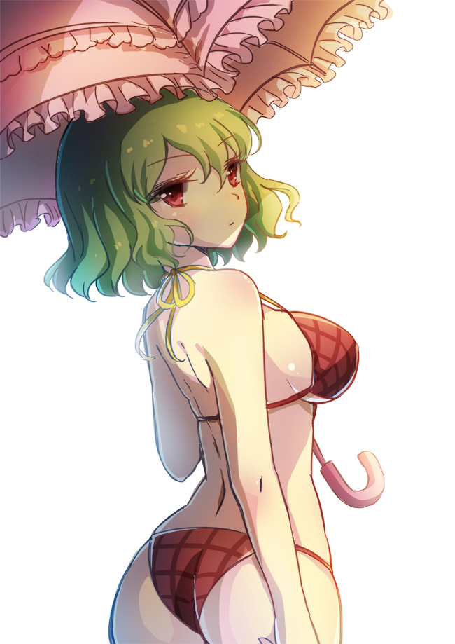 big_breasts big_butt bikini blush breasts butt emia_wang frills green_hair plaid_bikini red_bikini red_eyes touhou umbrella underboob yuka_kazami yuuka_kazami