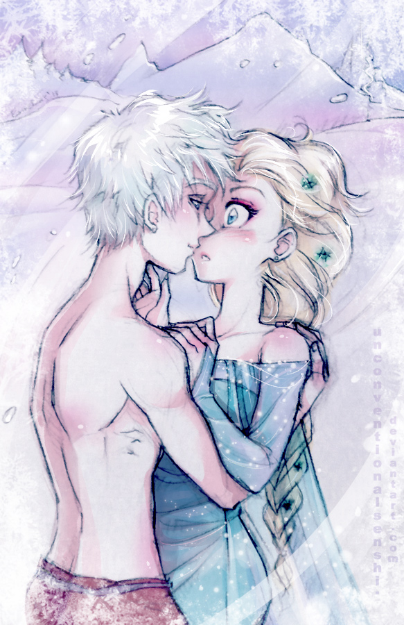 1boy 1girls crossover crossover_pairing disney dreamworks elsa elsa_(frozen) face-to-face female frozen_(film) hugging ice jack_frost jack_frost_(rise_of_the_guardians) jelsa male male/female paramount_pictures rise_of_the_guardians shirtless shirtless_male snow surprised surprised_expression unconventionalsenshi white_hair winter