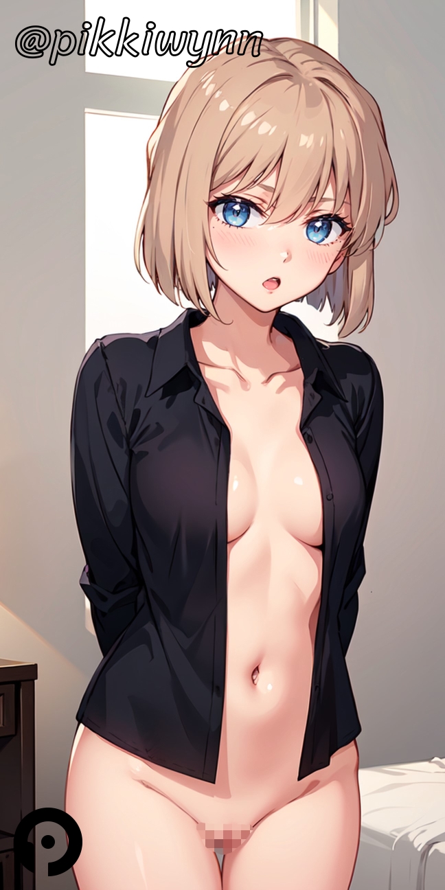 1girls ai_generated ai_haibara arms_behind_back bangs black_shirt blue_eyes blush bottomless breasts brown_hair censored collarbone collared_shirt cowboy_shot detective_conan female human indoors looking_at_viewer medium_breasts naked_shirt navel no_bra open_clothes open_mouth open_shirt pale-skinned_female pale_skin pikkiwynn pussy shirt short_hair solo