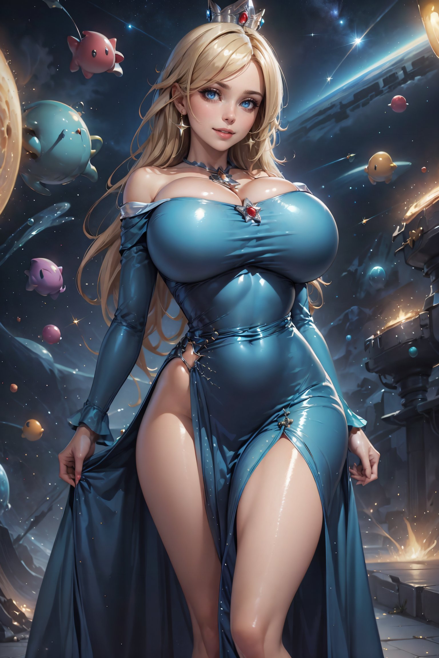 1girls, ai generated, big breasts, blonde hair, blue eyes, breasts, clothed, clothing, crown, dress, female, huge breasts, league69, long hair, mario (series), princess rosalina, space