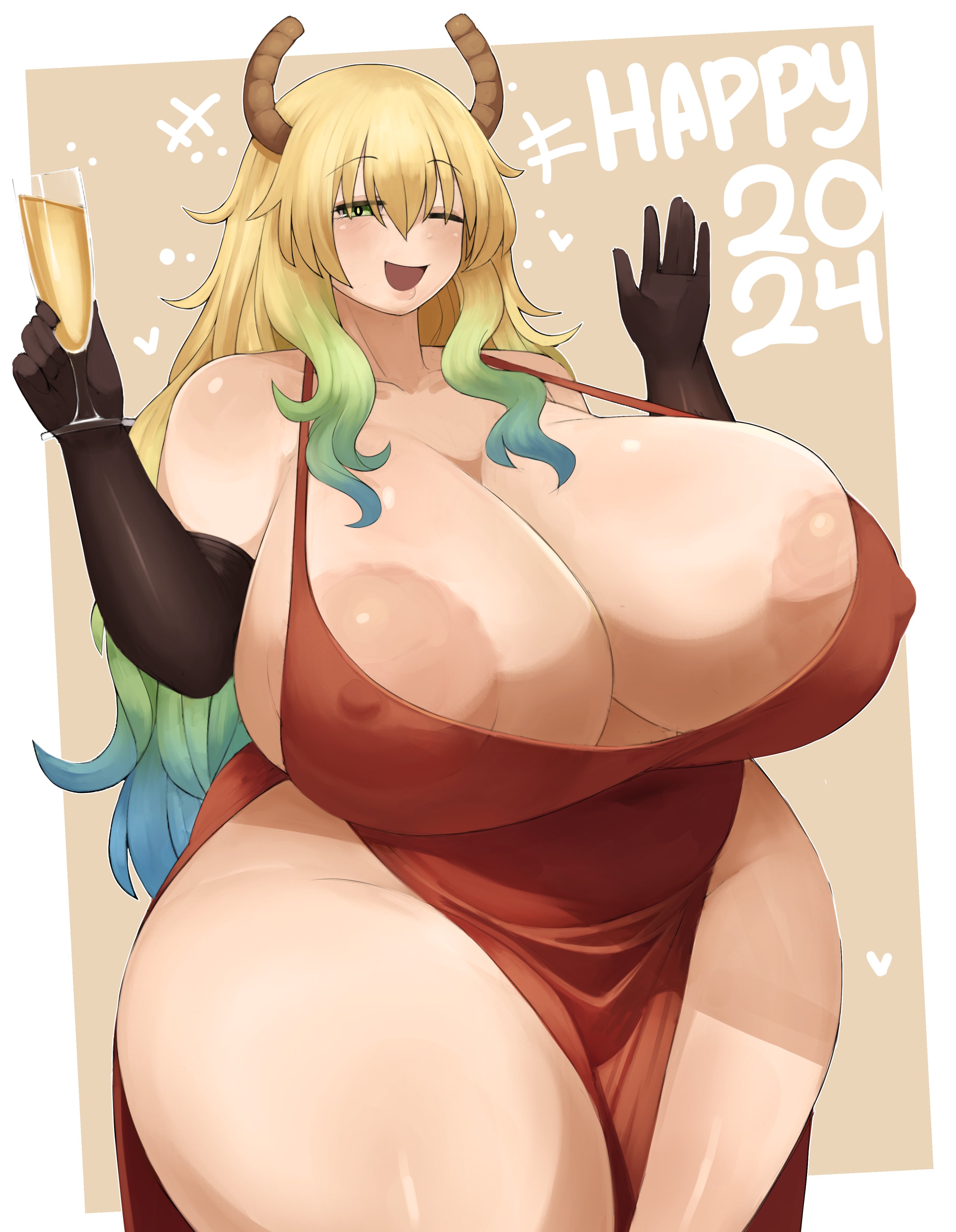 1girls, blonde hair, breasts, dragon girl, dress, female, hi res, hips, horns, huge breasts, large breasts, massive breasts, miss kobayashi's dragon maid, new year, new year 2024, quetzalcoatl (dragon maid), stackydraws, thick thighs, thighs, wide hips, year of the dragon