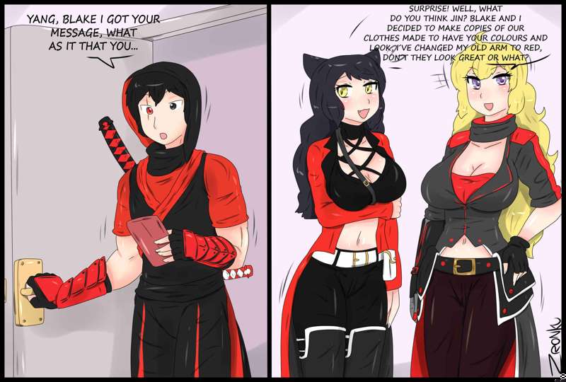 1boy 2girls black_hair black_hair_female blake_belladonna blonde_female blonde_hair cat_ears changing_clothes clothed_female clothed_male dialogue different_colored faunus jin_satou original_character robotic_arm rwby scar_across_eye yang_xiao_long yellow_eyes zronku