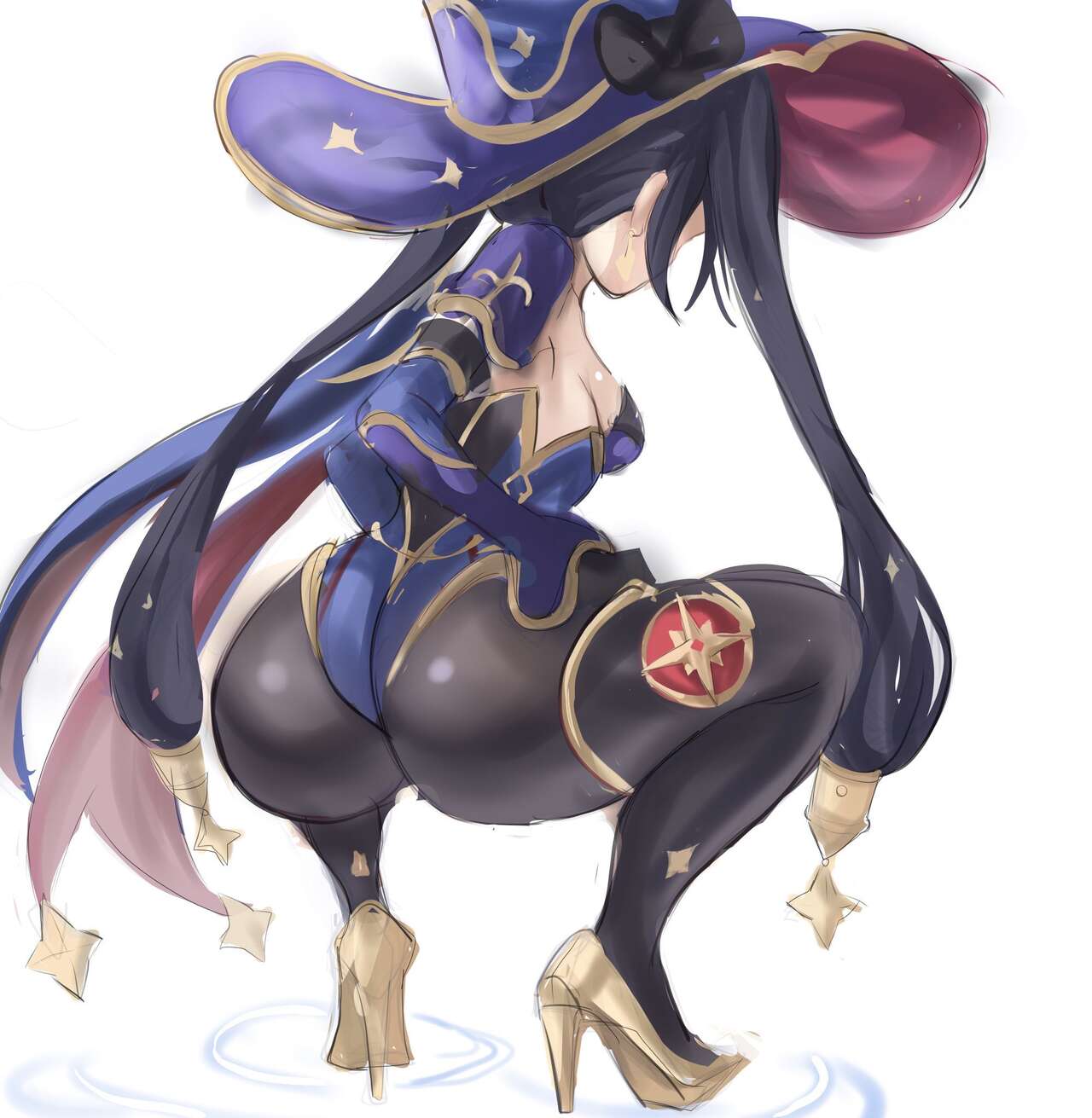 1girls, ass, ass focus, big ass, female, genshin impact, high heels, long hair, mona (genshin impact), rakeemspoon, solo, solo female, solo focus, squatting, witch hat