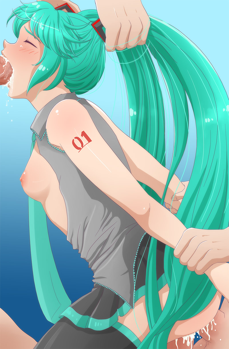 1girls anal apple_cake arm_grab ass black_skirt blush breasts closed_eyes clothed_sex clothing cum cum_in_ass cum_in_mouth cum_in_pussy cum_inside fellatio female female_on_top foursome from_behind green_hair hair_grab hatsune_miku long_hair male nipples open_mouth oral penetration penis sex skirt skirt_lift small_breasts spread_legs tattoo thighhighs triple_penetration twintails vaginal_penetration vocaloid