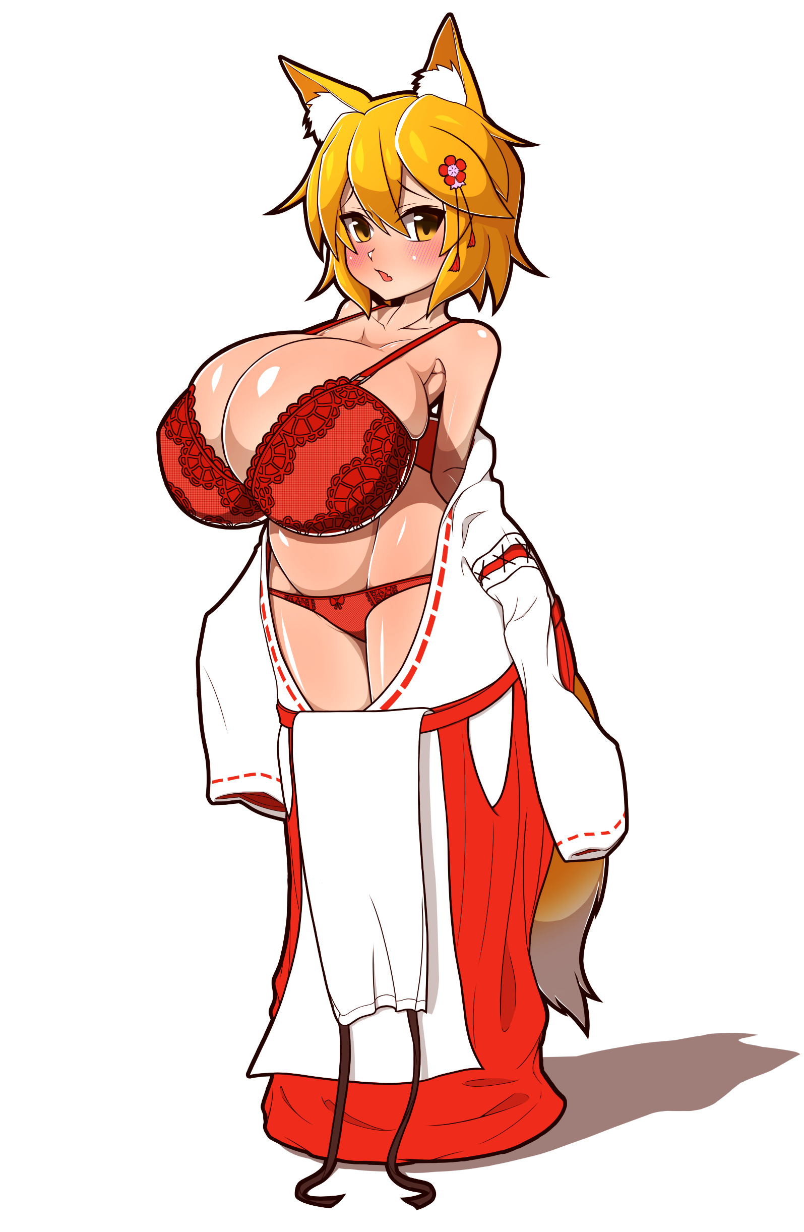 1girls, aged up, alternate breast size, animal ears, bare shoulders, blonde hair, bra, breasts, cleavage, female, fox ears, fox girl, fox tail, full body, hair ornament, huge breasts, japanese clothes, kimono down, lace, lace bra, large breasts, miko, open clothes, open kimono, orange hair, panties, red bra, red panties, samuraisouru1954, senko (sewayaki kitsune no senko-san), sewayaki kitsune no senko-san, short hair, simple background, solo, tail, underwear, undressing, white background