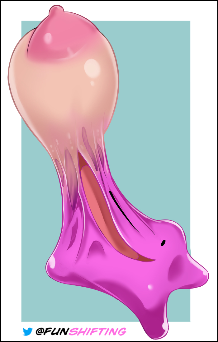 ambiguous_gender breasts ditto_(pokemon) generation_1_pokemon nintendo no_humans open_mouth pink_body pink_skin pokemon pokemon_(species) shiftingfun slime stretched_mouth