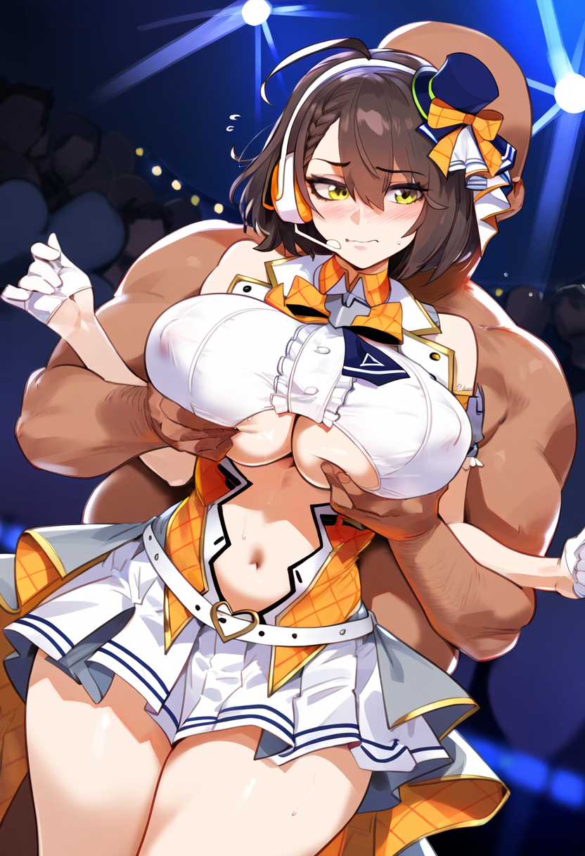 1boy 1girls ai_generated azur_lane baltimore_(azur_lane) baltimore_(muse)_(azur_lane) big_breasts breasts embarrassed female female_focus groping_breasts groping_from_behind huge_breasts idol large_breasts short_hair thick_thighs thighs yellow_eyes