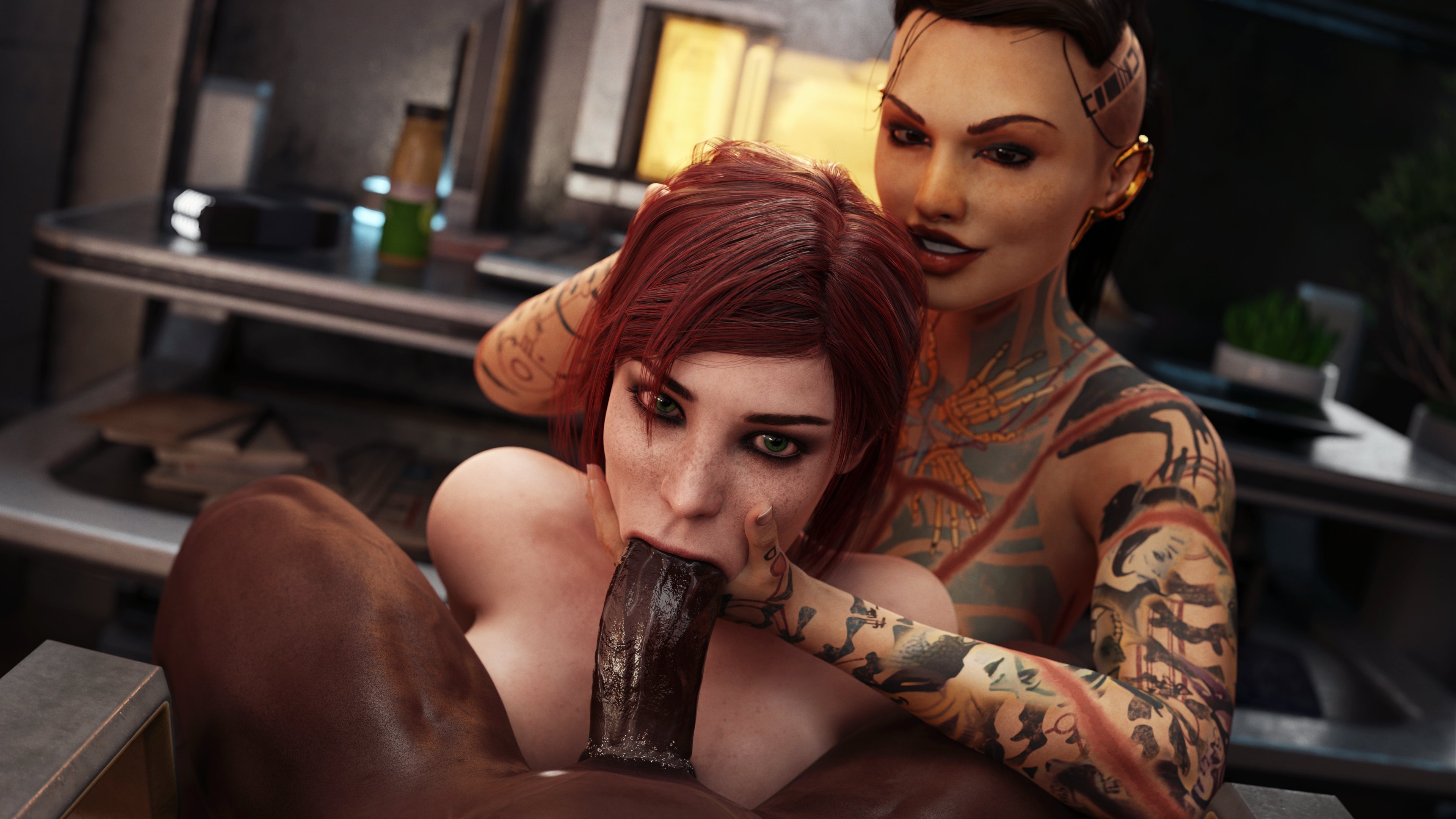1boy, 2girls, 3d, alternate version available, commander shepard, dark skin, dark-skinned male, dinoboy555, fellatio, female, femshep, freckles on face, green eyes, holding head, interracial, jack (mass effect), male, male/female, mass effect, oral sex, penis, pov, pov eye contact, red hair, threesome