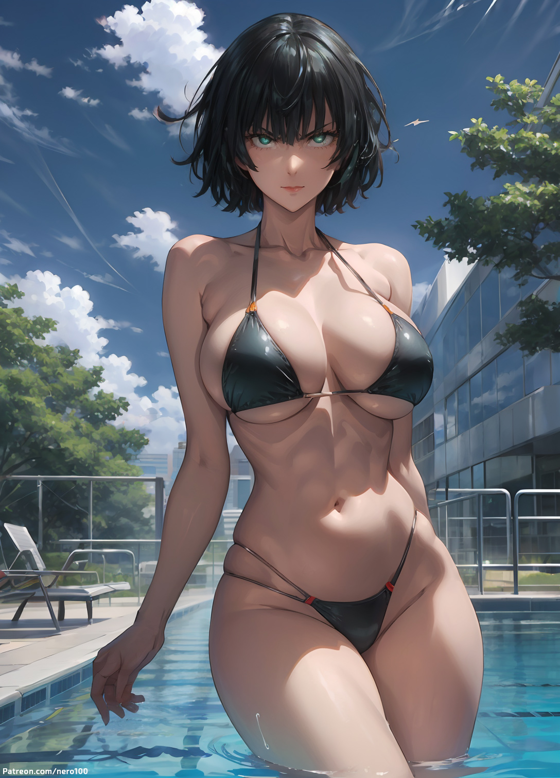 1girls, 2d, ai generated, ass, athletic, athletic female, bare shoulders, belly, big ass, big breasts, bikini, bikini bottom, bikini top, black hair, bob cut, breasts, chest, curvy, curvy figure, cute, cute face, dark hair, detailed, eyelashes, eyeshadow, female, female only, fit, fit female, focus, fubuki (one-punch man), green eyes, high quality, huge breasts, legs, light skin, light-skinned female, lips, lipstick, looking at viewer, makeup, mascara, mature, medium hair, midriff, naked, navel, one-punch man, pale skin, pale-skinned female, posing, sagging breasts, seductive, seductive look, stable diffusion, string bikini, tagme, thick ass, thick butt, thick thighs, thighs, wide hips