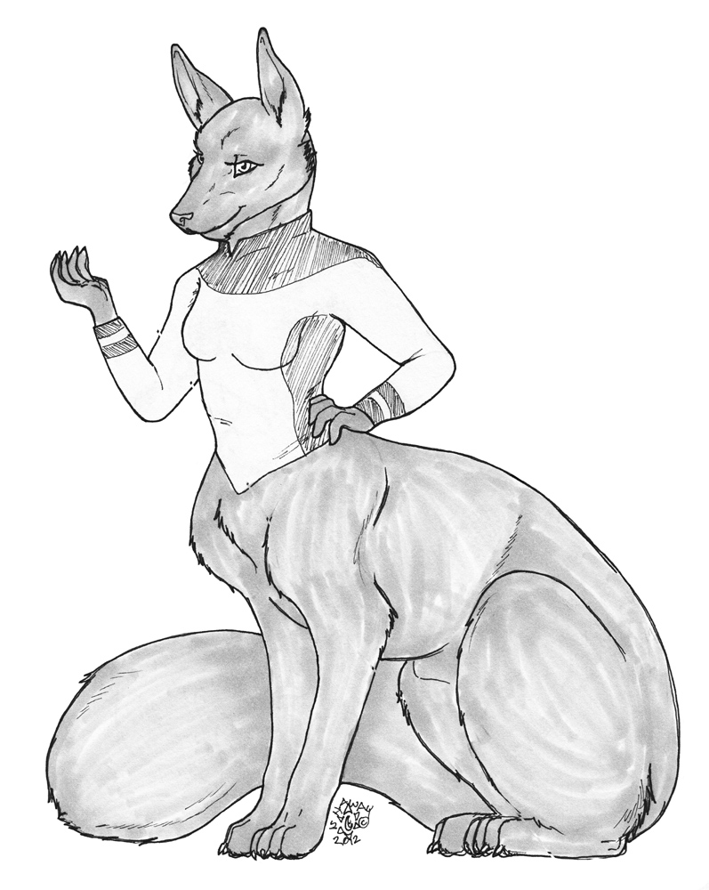 2012 animal_genitalia anthro bottomless breasts canid canid_taur canine canine_taur ceres_(star_phoenix) chakona_space clothed clothing fox fox_taur fully_sheathed fur furry futanari genitals greyscale gynomorph intersex ishaway mammal mammal_taur monochrome sheath solo taur