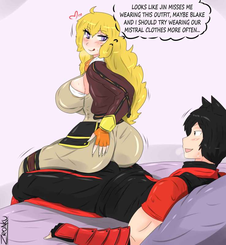 1boy 1girls big_breasts cat_ears clothed_female clothed_male dialogue getting_erect jin_satou long_hair long_hair_female looking_back original_character purple_eyes rwby sitting_on_lap sitting_on_penis yang_xiao_long zronku