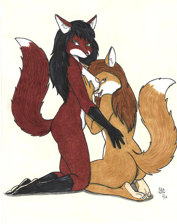 2002 2girls anthro breast canid canine feet female female/female female_focus female_fox female_only fox furry gloves_(marking) hand_on_breast humanoid_feet ironbadger lesbian naked nipple nude nudity pussy sideboob socks_(marking) tail vulpine yuri