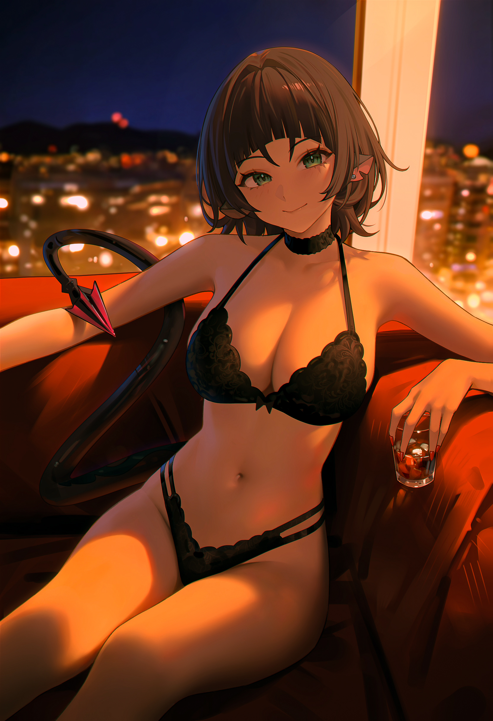 95 (jiuwujiang), absurdres, animal ears, black bra, black choker, black hair, black panties, blush, bra, breasts, choker, city lights, cleavage, closed mouth, commentary, couch, cup, drinking glass, english commentary, female, female only, green eyes, hair intakes, highres, holding, holding cup, indoors, jane doe (zenless zone zero), lace, lace choker, large breasts, long hair, looking at viewer, mouse ears, mouse girl, mouse tail, navel, night, night sky, on couch, panties, sitting, sky, smile, solo, stomach, tail, underwear, underwear only, zenless zone zero