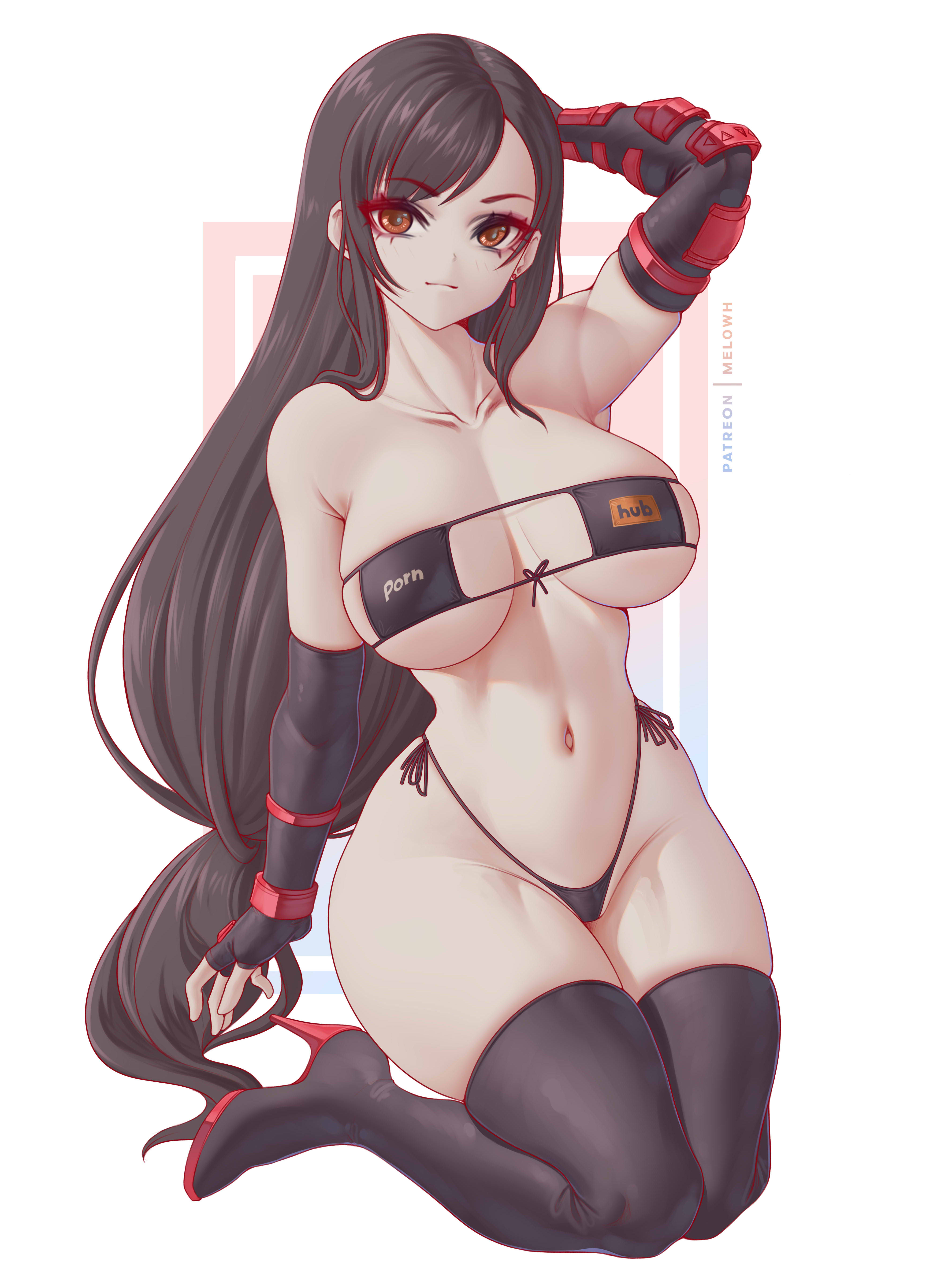 1girls, bikini, black bikini, black hair, breasts, eyepatch bikini, female, female only, final fantasy, final fantasy vii, final fantasy vii remake, hi res, hips, huge breasts, light skin, light-skinned female, long hair, melowh, pornhub, pornhub bra, thick thighs, thighs, tifa lockhart, uncensored, wide hips