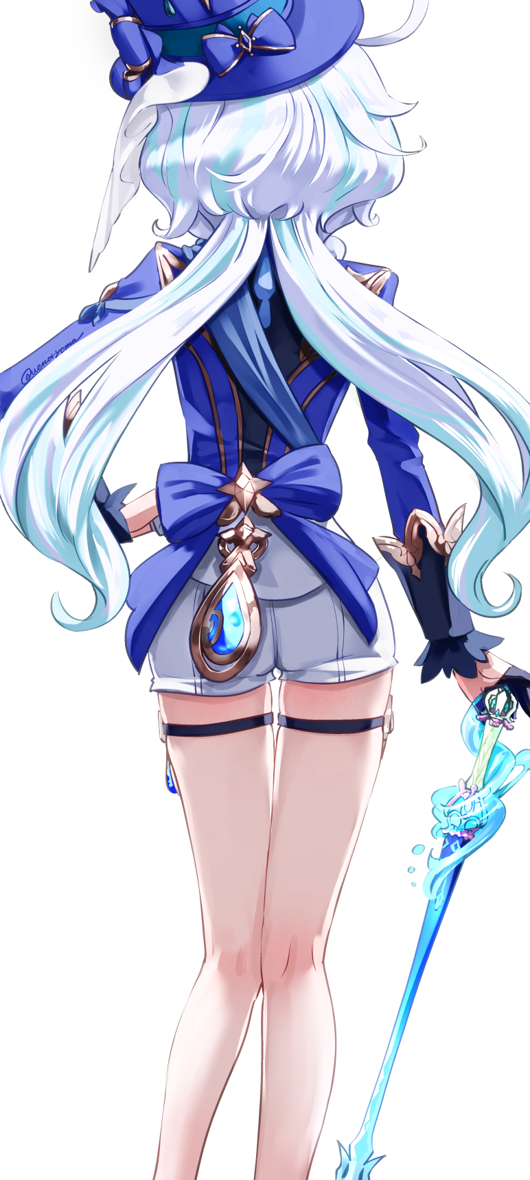 ass back blue_hair blue_headwear blue_jacket female furina_(genshin_impact) genshin_impact gloves hat highres jacket light_blue_hair long_sleeves multicolored_hair shirt short_shorts shorts solo solo_female splendor_of_tranquil_waters_(genshin_impact) streaked_hair sword thigh_strap thighs top_hat uenoryoma weapon white_hair white_shirt