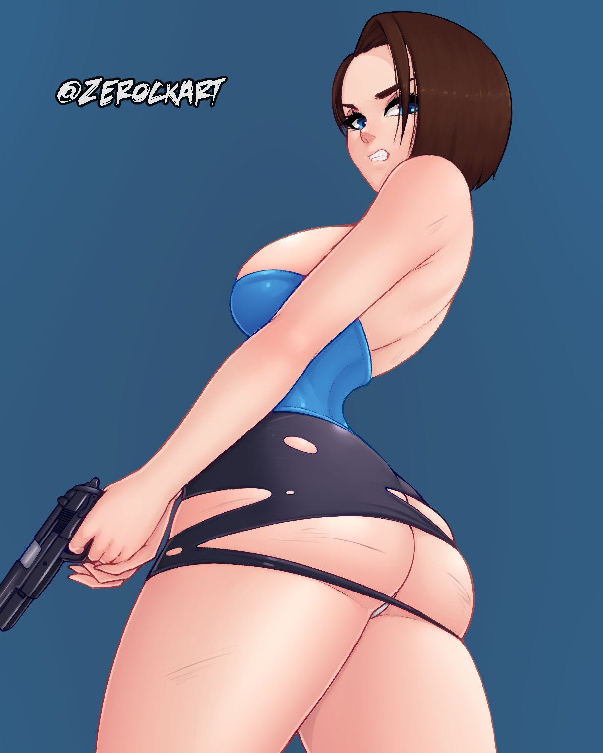 1girls ass blue_eyes breasts brown_hair female female_only gun jill_valentine large_breasts looking_at_viewer looking_back resident_evil revealing_clothes skimpy_clothes skirt solo thighs tight_clothing torn_clothes torn_skirt tubetop zerock69