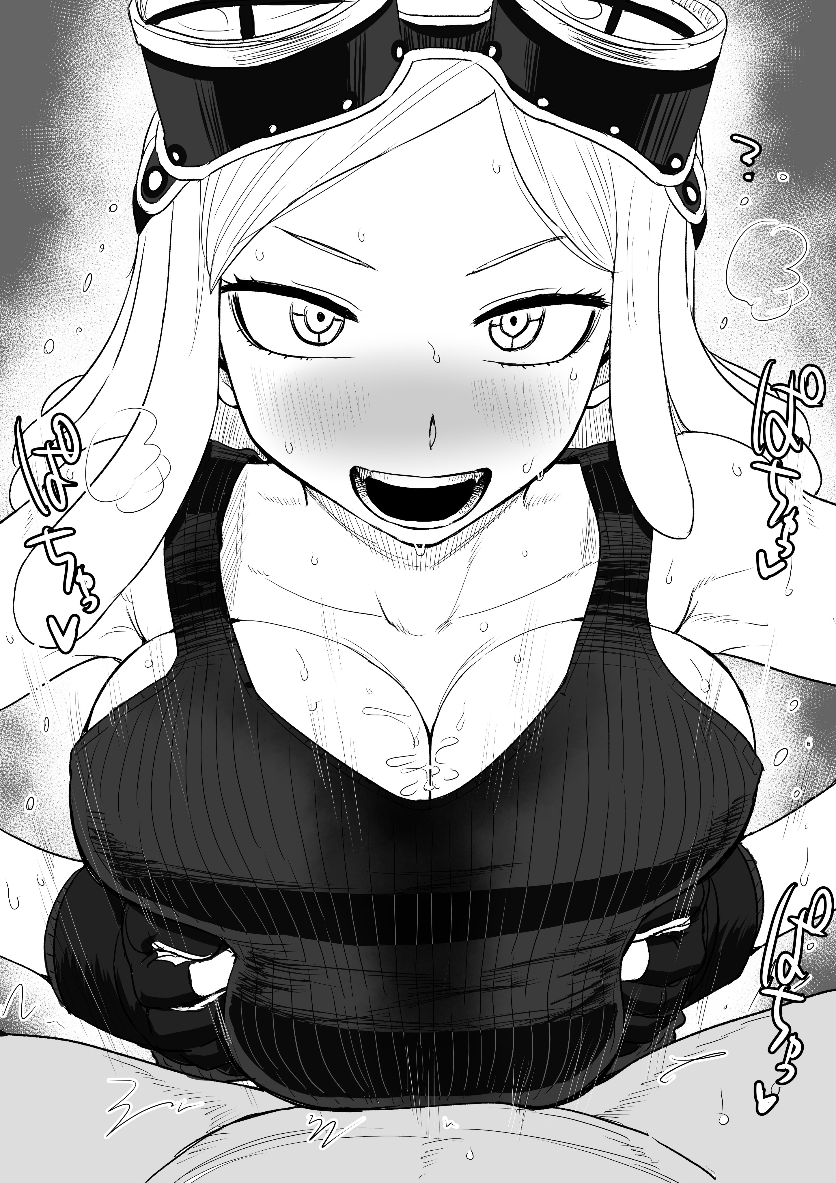 1boy, 1girls, 2024, alternate breast size, asian female, big breasts, blush, breast hold, breast squish, breasts, cleavage, cum, cum between breasts, ejaculation between breasts, engulfing paizuri, female, greyscale, happy, happy paizuri, happy sex, huge breasts, kaiman garupan, large breasts, looking at viewer, male, mei hatsume, monochrome, my hero academia, open mouth, open smile, paizuri, paizuri lead by female, paizuri on lap, paizuri under clothes, pov, pov eye contact, pov paizuri, shounen jump, smile, straight, sweat, tank top