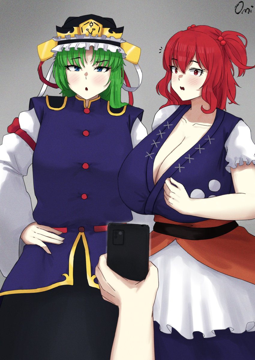 1boy 2girls big_breasts blue_eyes blush breasts cleavage clothed_female eiki_shiki green_hair grey_background hat holding_phone huge_breasts humanoid komachi_onozuka light-skinned_female light-skinned_male meme no_humans no_sex omikami open_mouth phone red_eyes red_hair showing_phone suprised team_shanghai_alice touhou twintails watermark youkai