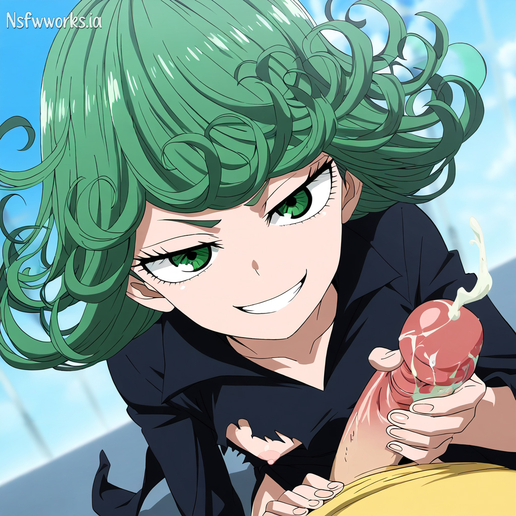 1boy, 1girls, ai generated, angry face, anime, anime style, breasts, cum, ejaculation, erection, female, female focus, grabbing, grabbing penis, green eyes, green hair, handjob, lower body, male, nipples, nsfwworks.ia, one-punch man, penis, pov, saitama, smile, tatsumaki, teasing, thighs, torn clothes, tsundere, uncensored