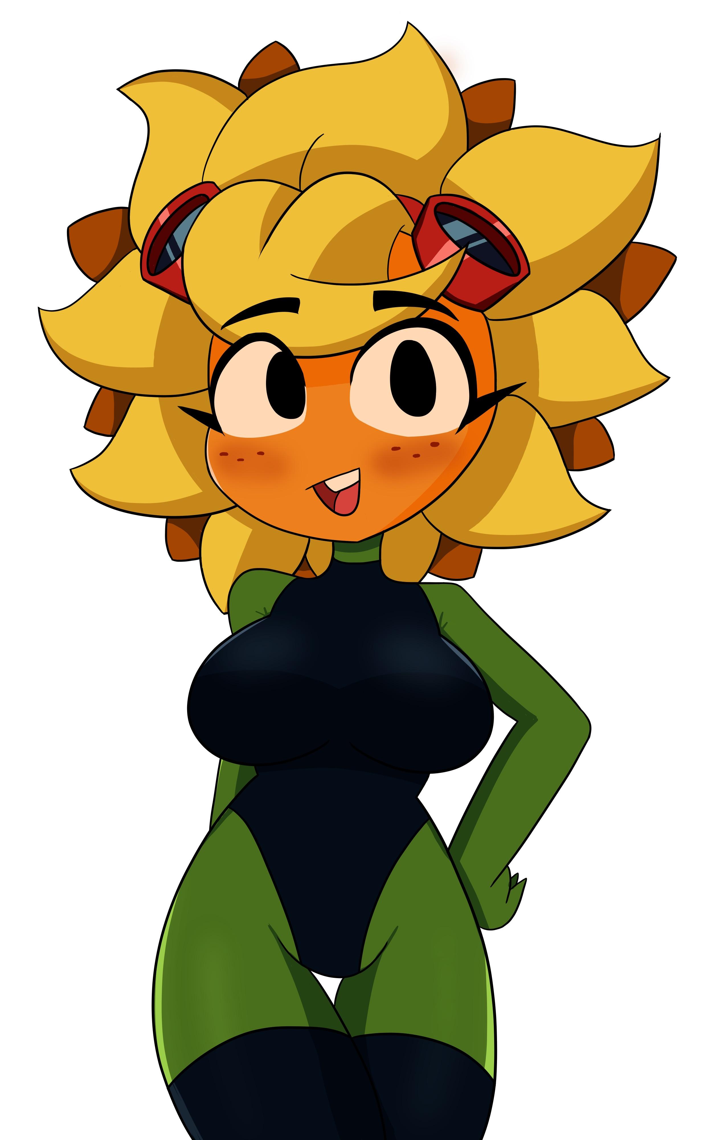 ai generated, ass, big breasts, blush, breasts, female, flower, goggles on head, green body, hand on hip, looking at viewer, plant, plant girl, plants vs zombies, plants vs zombies: heroes, r bismut, rbismut, smile, solar flare (pvz), swimsuit, thick ass, thick thighs, thigh highs, yellow body, yellow hair