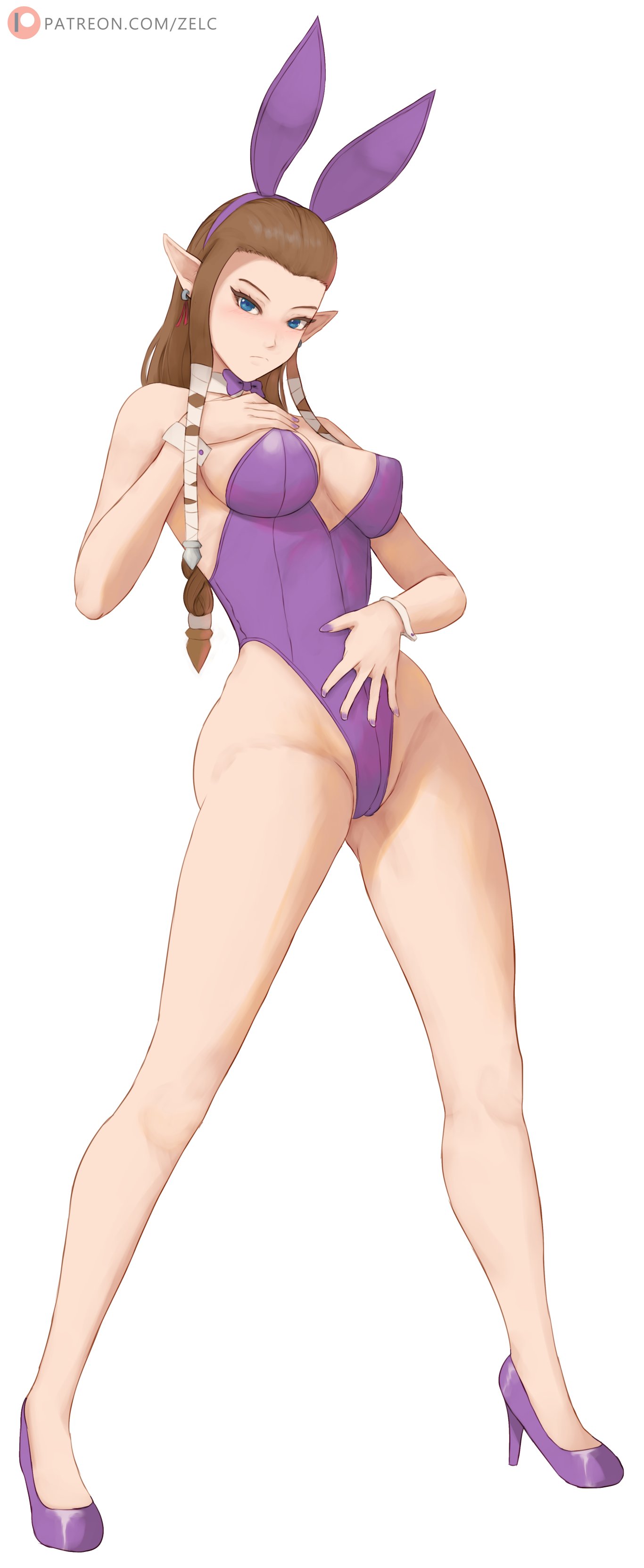 1girls, 2024, 2d, 2d (artwork), ass, big ass, big breasts, big butt, blue eyes, breasts, brown hair, bunny costume, bunny ears, bunny girl, bunny tail, bunnysuit, earrings, elf, elf ears, elf female, female, heels, long hair, nintendo, princess zelda, purple nail polish, purple nails, side ass, the legend of zelda, twilight princess, white skin, zelc-face, zelda (twilight princess)