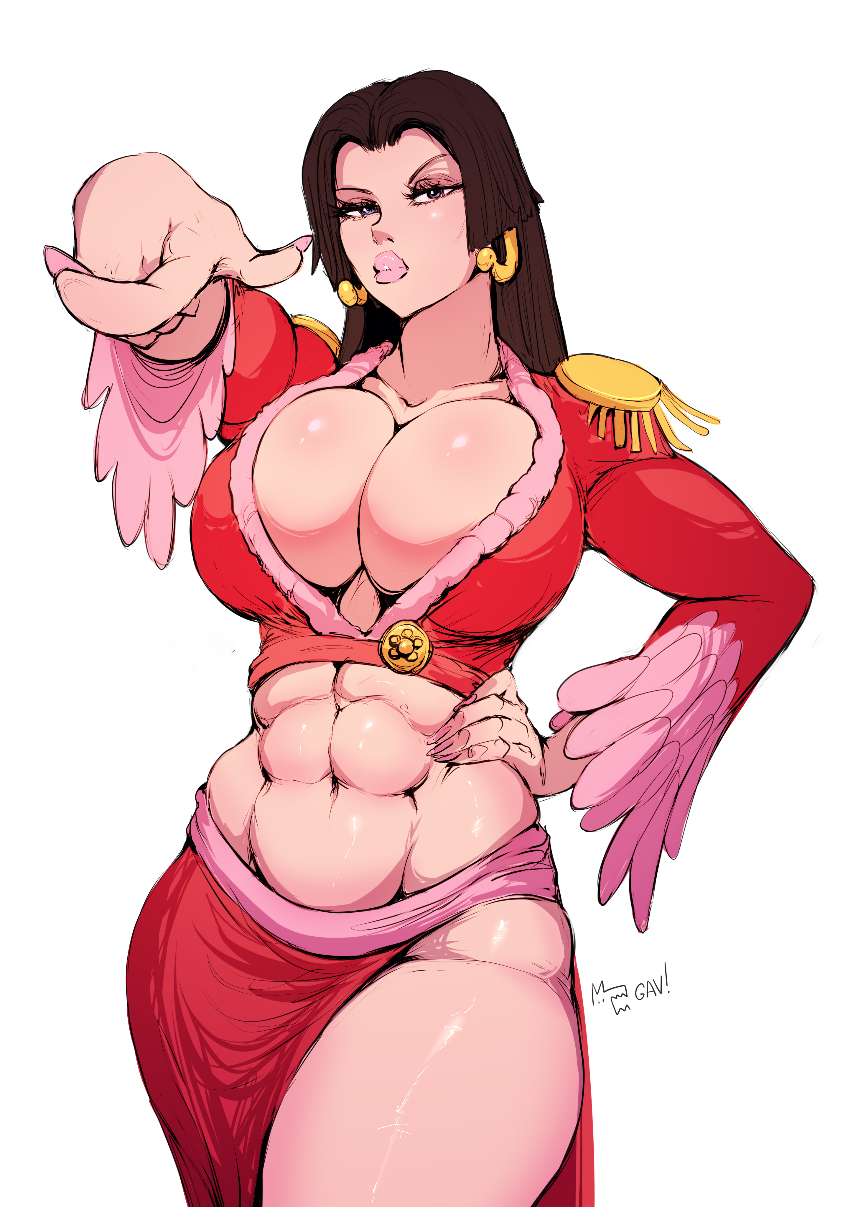 1girls, abs, aleksandrgav, arm up, bare thighs, big breasts, black hair, black-haired female, boa hancock, breasts, breasts bigger than head, clothed, clothing, color, female, female focus, female only, hi res, jewelry, large breasts, light skin, light-skinned female, lips, long hair, looking at viewer, low neckline, massive breasts, muscular, muscular female, one piece, pointing at viewer, shounen jump, solo, solo female, tagme, thick thighs