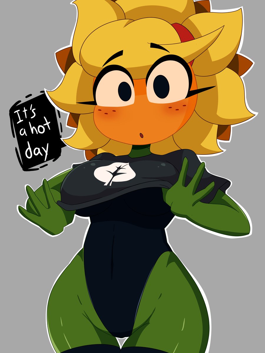 big_breasts blush green_body leotard orange_body plant plants_vs_zombies plants_vs_zombies:_heroes r_bismut rbismut solar_flare_(pvz) sunflower_(pvz) taking_clothes_off text text_bubble thick_thighs yellow_hair