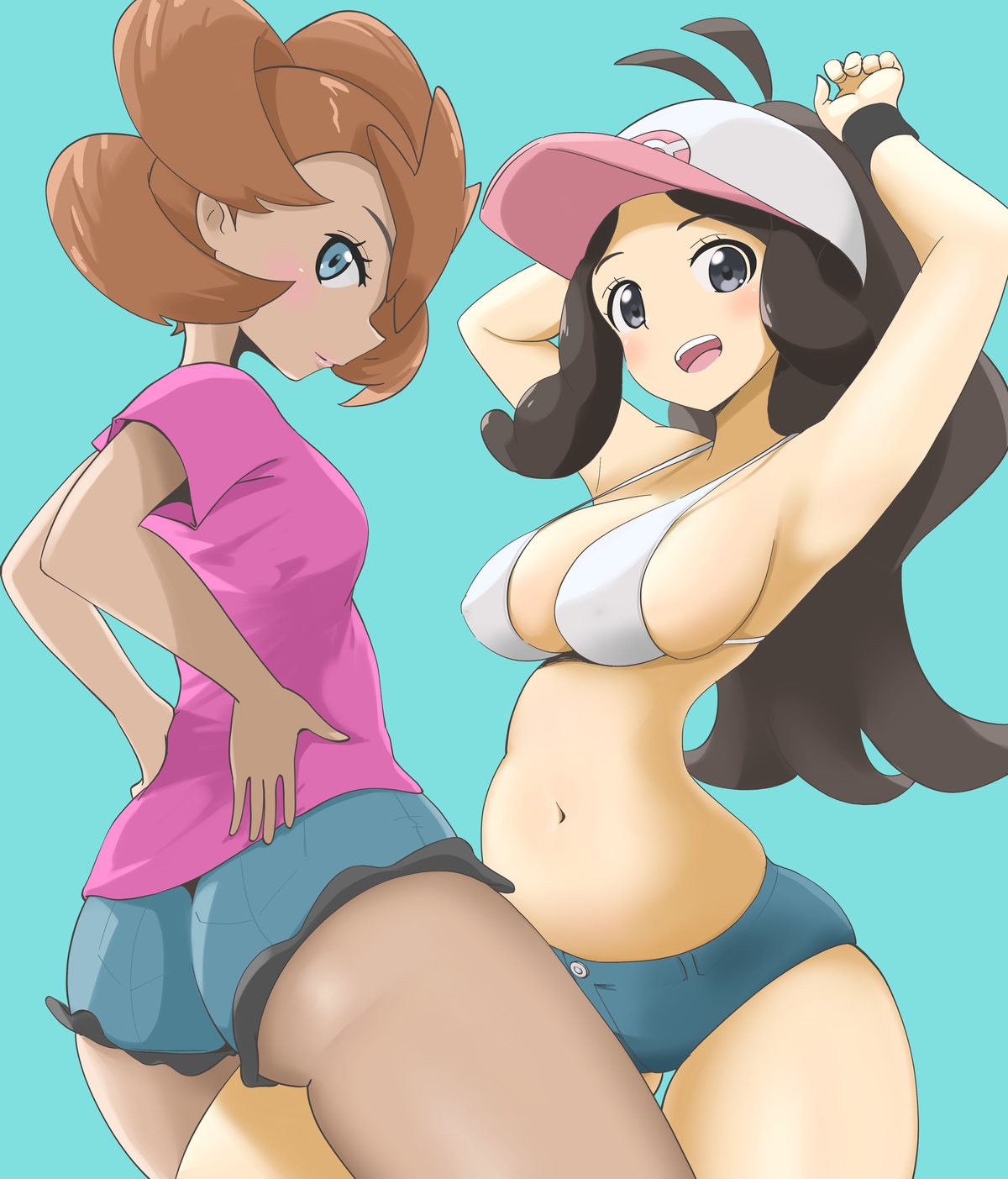 2girls, ass, ass hanging out of shorts, breasts, cleavage, female, female only, hilda (pokemon), huge breasts, human, human only, microsd (artist), multiple females, multiple girls, pokemon, shauna (pokemon), short shorts, shorts
