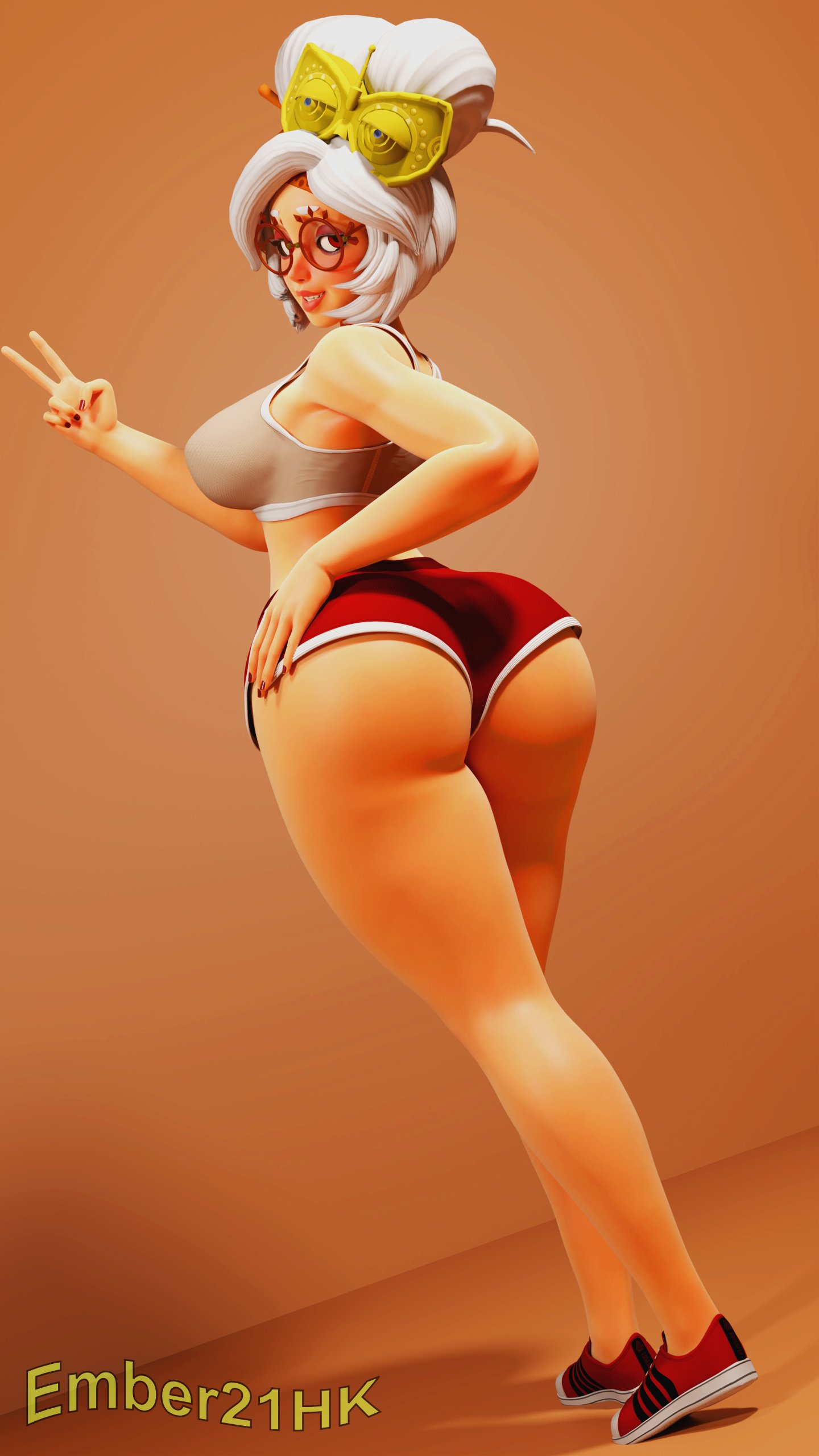 1girls 3d 3d_(artwork) ass_view back_turned back_view big_ass big_hips big_thighs busty ember21hk female_only glasses hair_accessory hair_bun hand_gesture hand_on_hip looking_at_viewer looking_back purah purah_(tears_of_the_kingdom) rear_view shoes shorts simple_background solo solo_female standing tears_of_the_kingdom the_legend_of_zelda toothy_grin white_hair