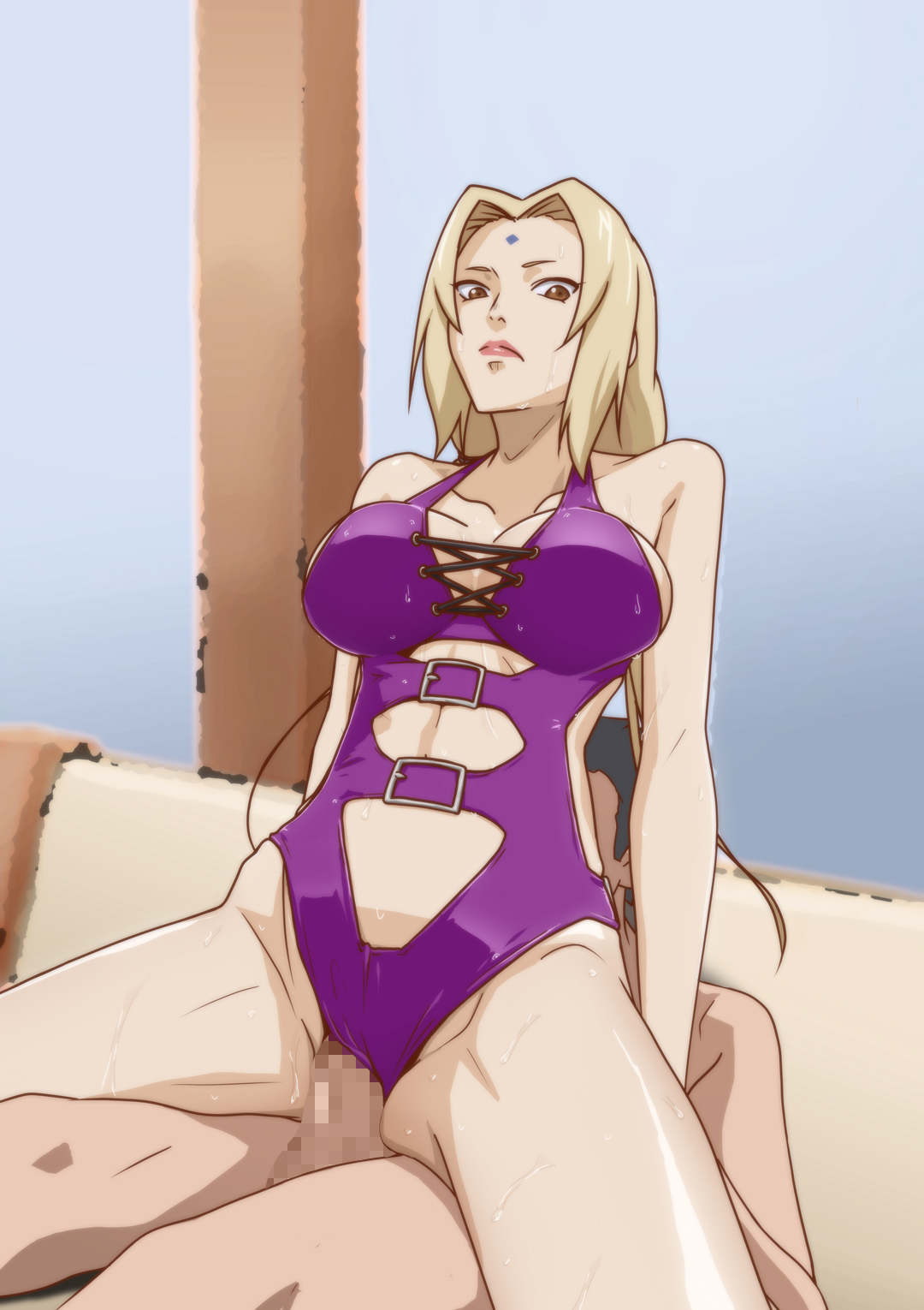 1girls, blonde hair, blonde-haired female, breasts, brown eyes, censored, cleavage, closed mouth, clothed female nude male, clothing aside, couch, cowgirl position, facial mark, female, forehead mark, groin, highres, indoors, kyabakurabakufu, large breasts, legs, long hair, lying, male, mosaic censoring, naruto, naruto (series), naruto shippuden, nude, penis, pussy, reverse cowgirl position, sex, sex from behind, straddling, sweat, swimsuit, swimsuit aside, thighs, tsunade, twintails, vaginal penetration