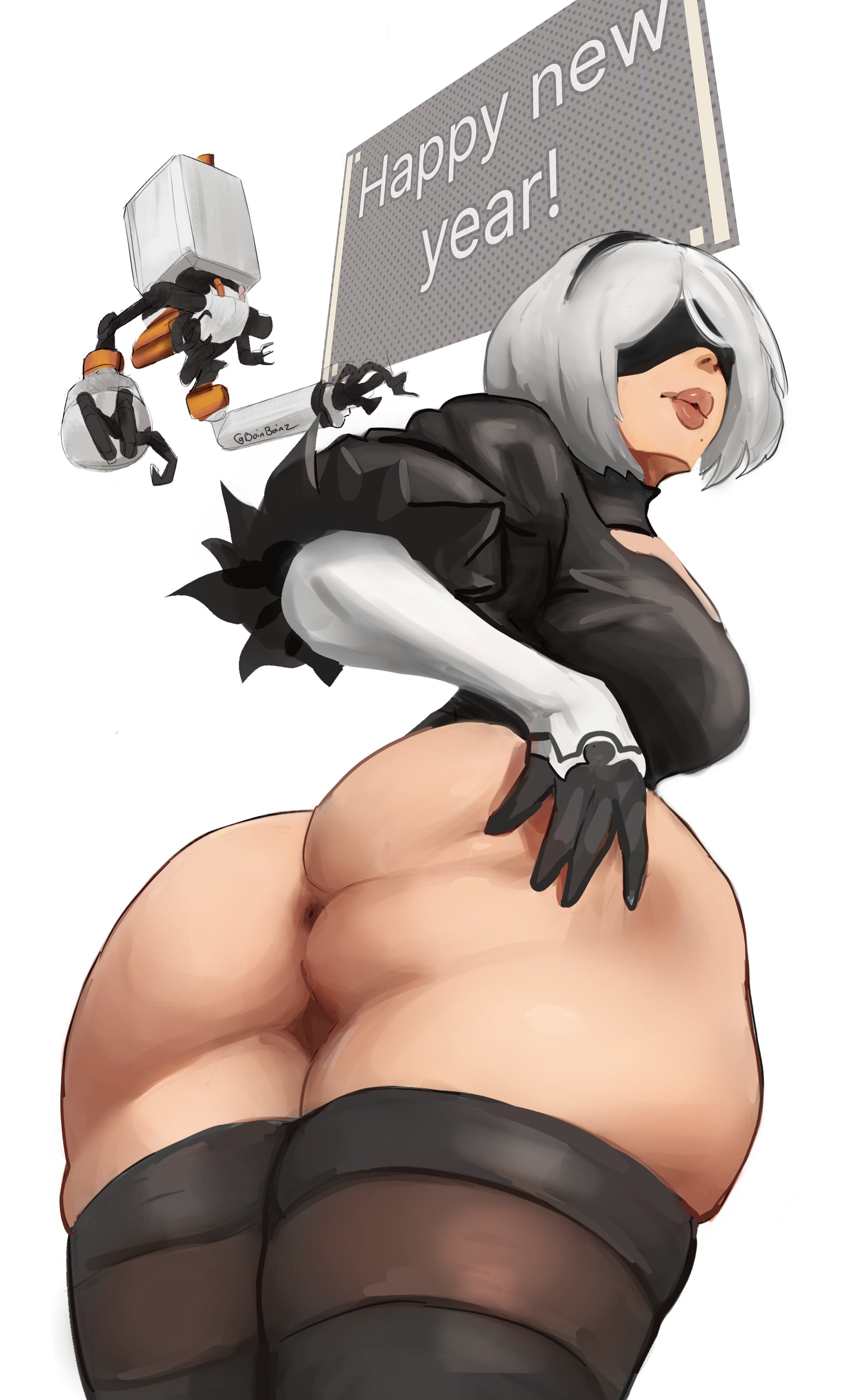 1girls, anus, ass, boinboinz, bottomless, female, female focus, large thighs, looking at viewer, low-angle view, nier: automata, plump lips, pussy, stretched anus, stretched pussy, stretching, thighhighs, yorha 2b