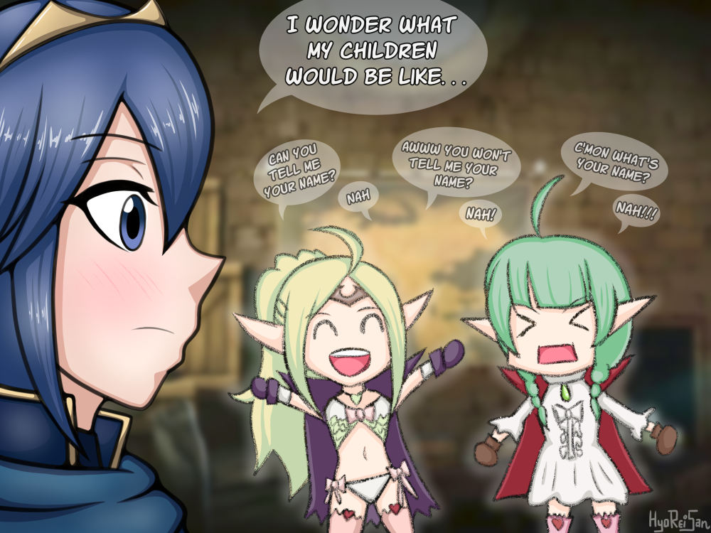 3girls angry annoyed bangs bare_thighs braid cape chibi closed_eyes daughter dress english_text female female_only fire_emblem fire_emblem_awakening garter_straps green_hair hyoreisan indoors long_hair lucina_(fire_emblem) mother mother_and_daughter nah_(fire_emblem) nintendo nowi_(fire_emblem) open_mouth panties pointy_ears ponytail smile text thighhighs thighs twin_braids underwear white_panties