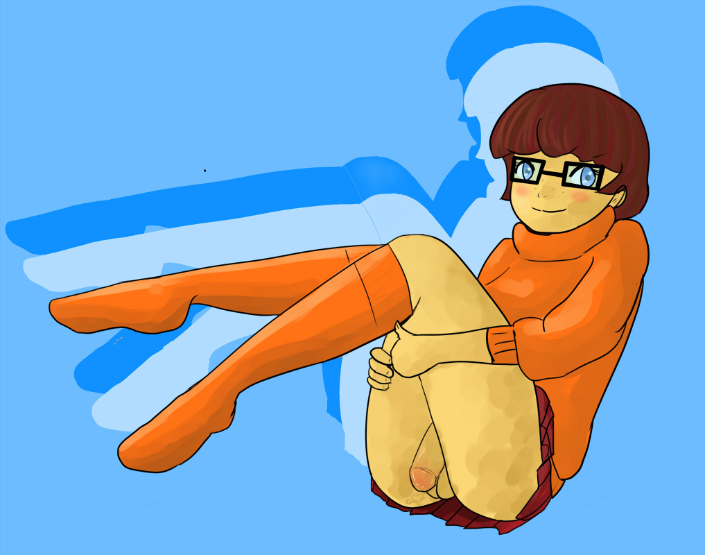 1futa ass balls balls_under_clothes bottomless_skirt breasts embarrassed_nude_futa flaccid foreskin futa_only futanari glasses gokai-chibi hanna-barbera intersex large_breasts legs_up long_fingernails penis penis_out penis_under_clothes penis_under_skirt scooby-doo simple_background skirt solo solo_futa uncensored uncut unretracted_foreskin velma_dinkley