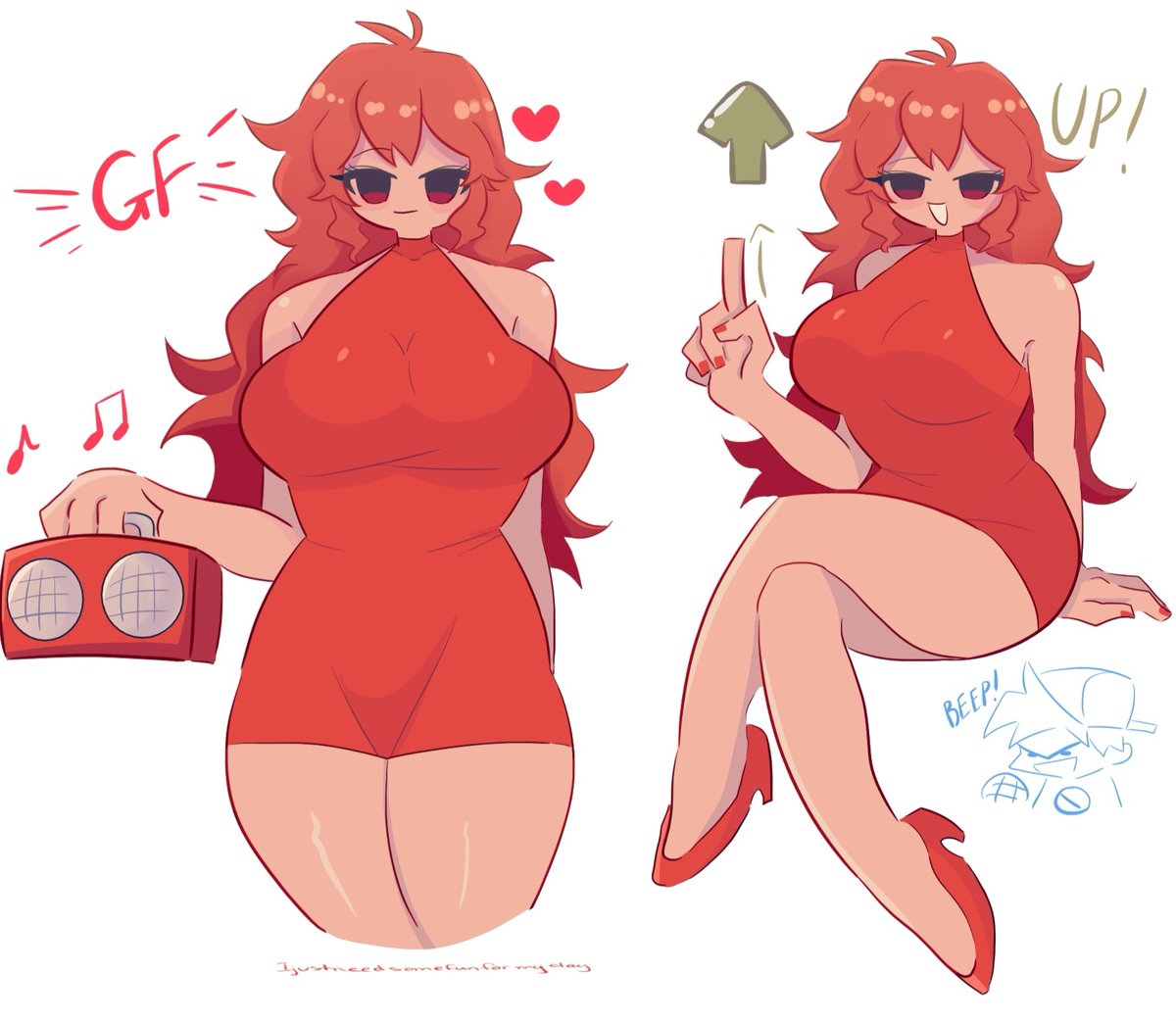 artist signature, big breasts, boombox, boyfriend (friday night funkin), breasts, dress, exposed shoulders, female, friday night funkin, girlfriend (friday night funkin), hair, heart, high heels, long hair, nails, nails painted, painted nails, pointing, red dress, red hair, shoulders, tagme, text, thick thighs, thighs, tight clothes, tight clothing, tight dress, tight fit