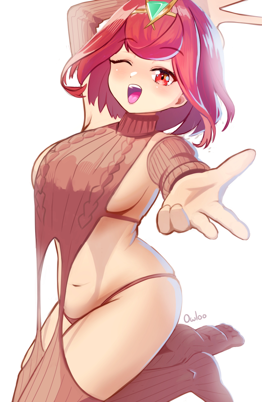 1girls, artist name, breasts, female, female only, nintendo, open mouth, owloo art, pyra, solo, virgin destroyer sweater, white background, wink, winking at viewer, xenoblade (series), xenoblade chronicles 2