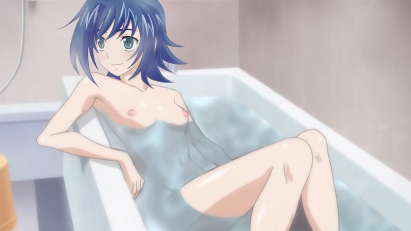 aichi_sendo bath bathing bathtub beige_skin blue_hair breasts cardfight!!_vanguard casual_exposure color exposed_breasts female female_only hair human indoors nudity rule_63 short_hair skin solo water