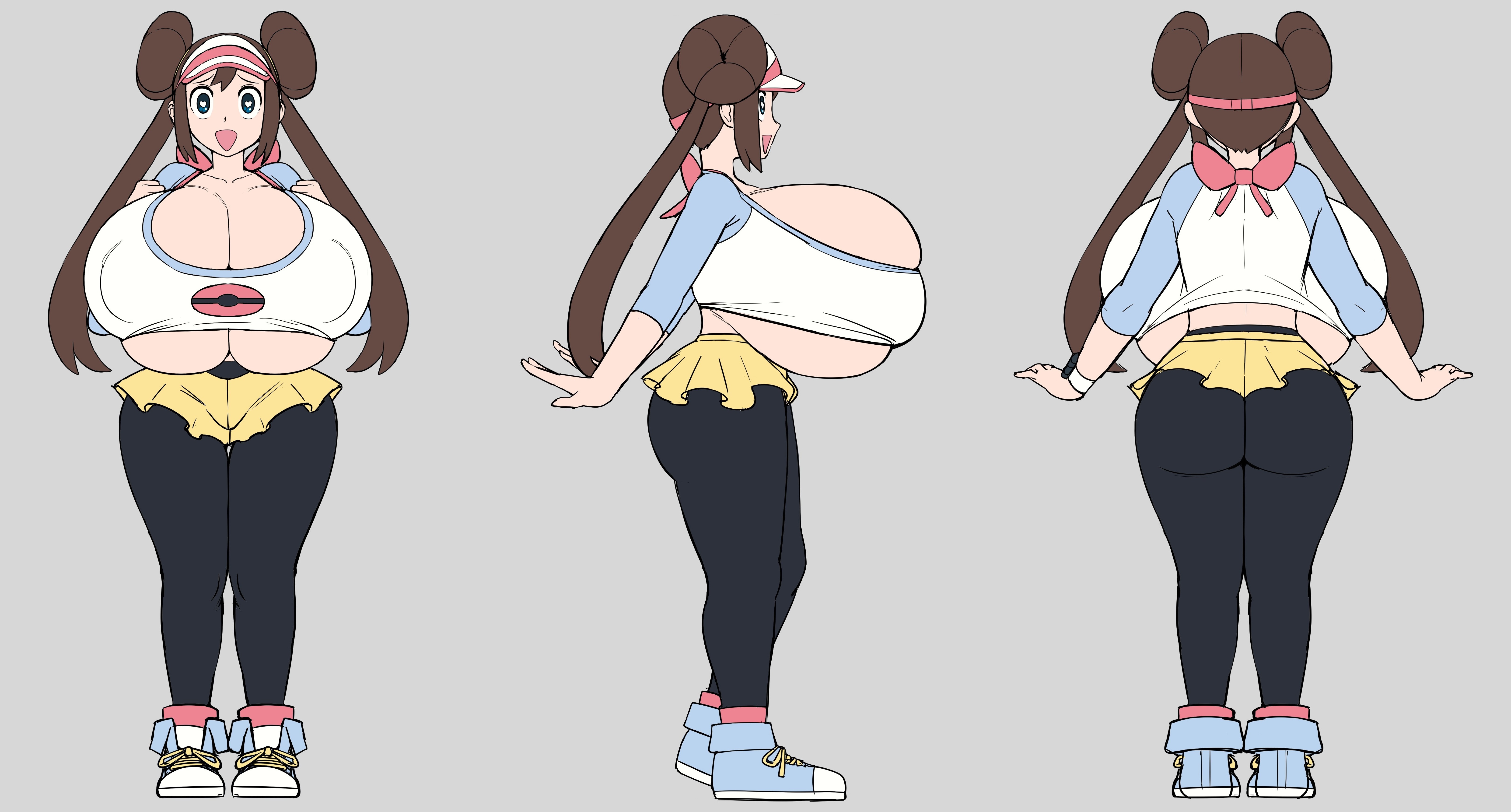 1girls, alternate breast size, backboob, blue eyes, boob window, breasts, breasts bigger than head, brown hair, bursting breasts, casual, casual nudity, clothed, female, female only, grey impact, heart-shaped pupils, huge breasts, nipple bulge, nipples visible through clothing, no bra, pokemon, rosa (pokemon), top heavy, underboob