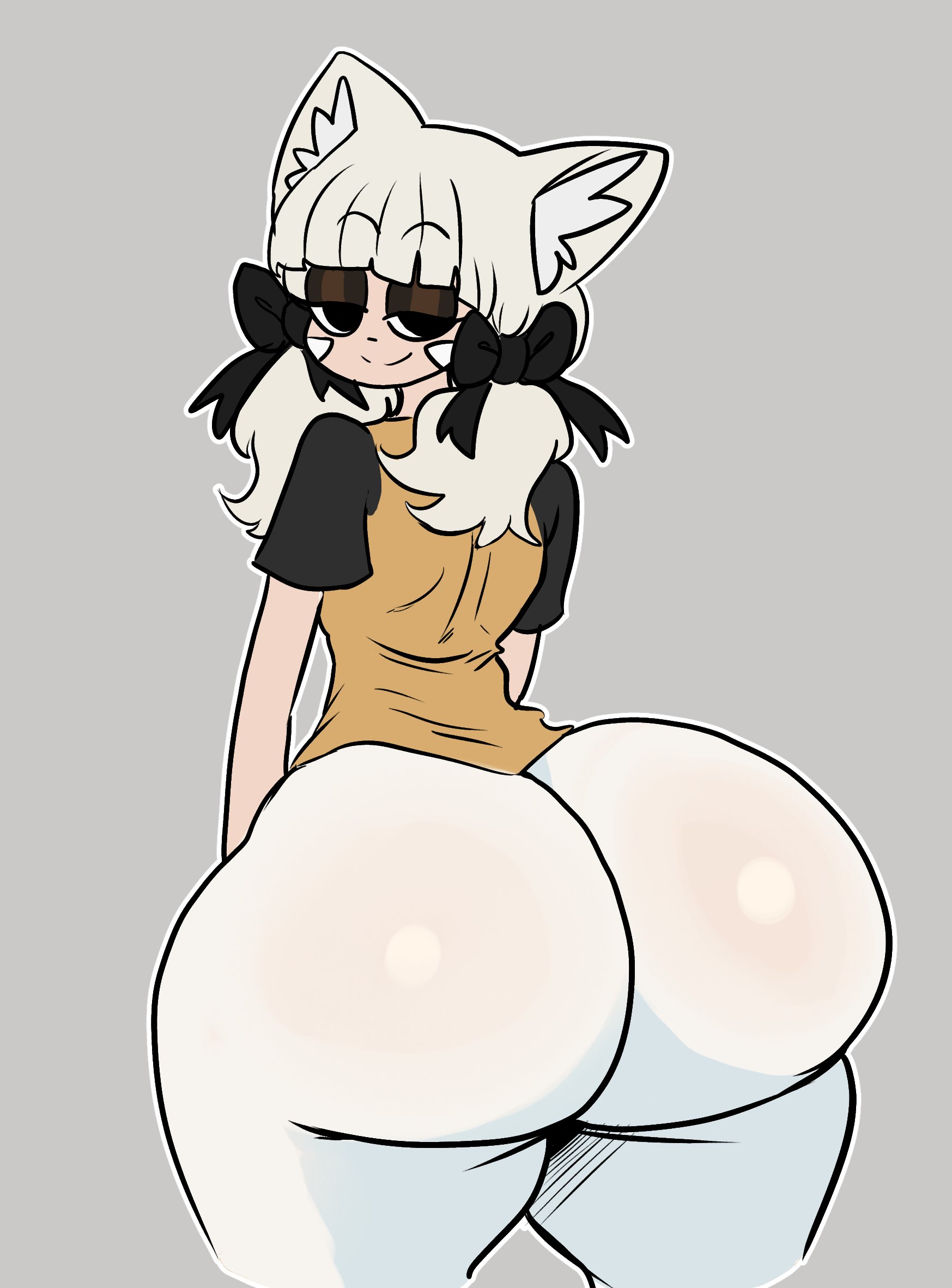1girls, 2024, ass, ass focus, back view, big ass, bottom heavy, bottomwear, bowtie, casual, cat ears, cat girl, catgirl, curvaceous, curvy, curvy figure, fat ass, female, fully clothed, gigantic ass, grey background, grey hair, huge ass, large ass, lemonadepikachu, nia, nia (xenoblade), presenting hindquarters, rear view, short hair, thick thighs, topwear, wide hips, xenoblade (series), xenoblade chronicles 2