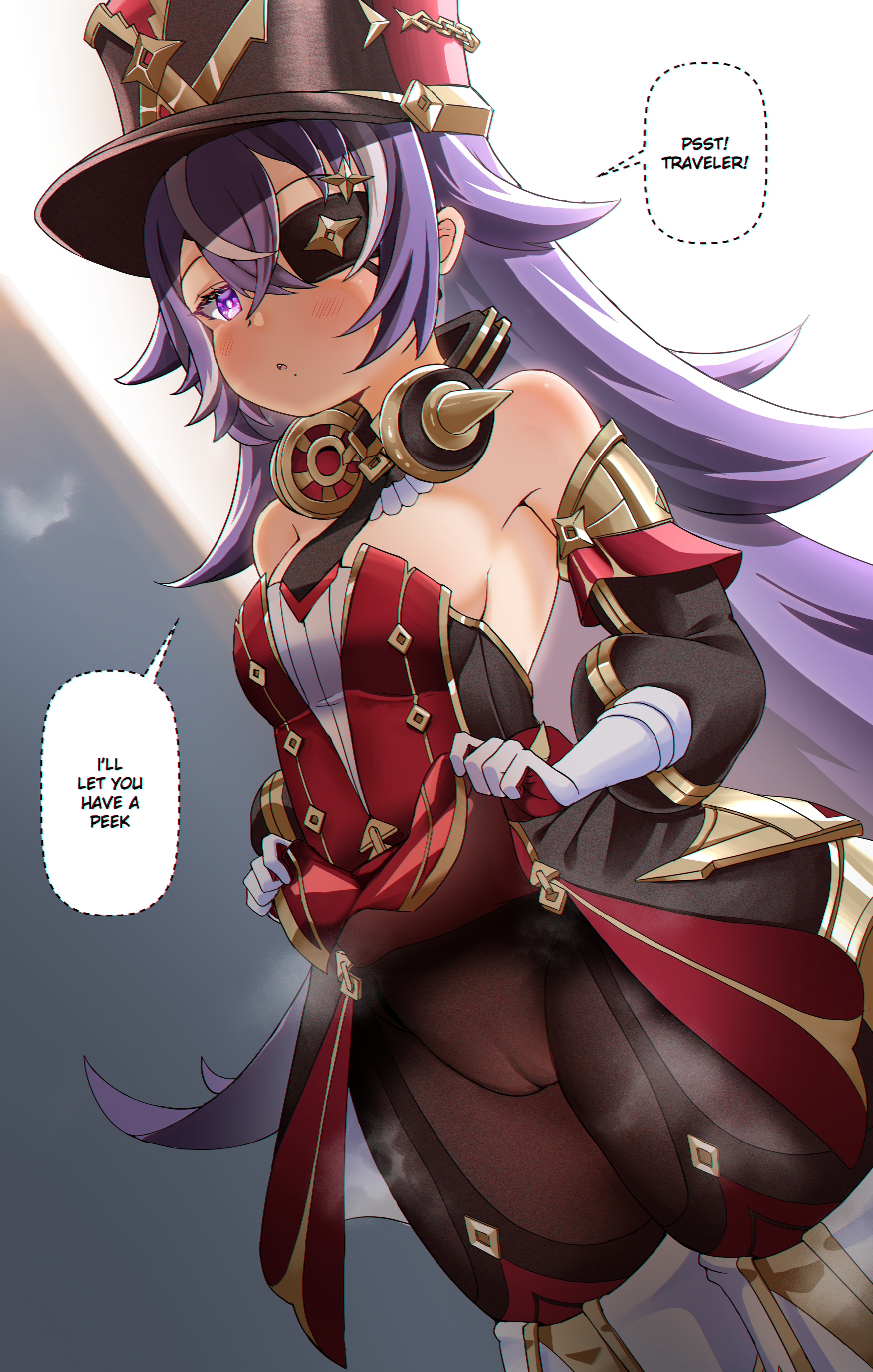 1girls, breasts, cameltoe, chevreuse (genshin impact), detached sleeves, english text, eye patch, eyepatch, female, flashing, genshin impact, gloves, mole, mole under mouth, pantyhose, purple eyes, purple hair, pussy, skirt lift, small breasts, solo, solo female, speech bubble