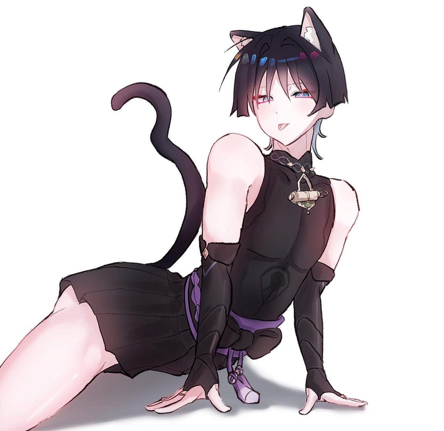 1boy, arched back, bare shoulders, blush, cat boy, cat ears, cat tail, catboy, femboy, genshin impact, girly, male, male only, open mouth, scaramouche (genshin impact), shorts, tagme, tongue, tongue out