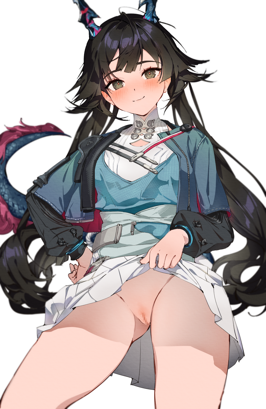 ahoge arknights arknights:_endfield ass_visible_through_thighs black_eyes black_hair black_sleeves blouse blue_horns blue_jacket blue_shirt blue_tail blurry blurry_background blush breasts censored chen_qianyu_(arknights) chest_strap closed_mouth clothes_lift clothing_cutout commentary contrapposto cowboy_shot cropped_jacket depth_of_field dragon_girl dragon_horns dragon_tail embarrassed female full-length_zipper groin hand_on_own_hip head_tilt high_collar highres horns jacket layered_clothes layered_sleeves lifted_by_self long_hair long_sleeves looking_at_viewer low_twintails medium_breasts miniskirt mosaic_censoring multicolored_tail nashidrop no_panties open_clothes open_jacket pleated_skirt presenting_pussy puffy_long_sleeves puffy_sleeves pussy raglan_sleeves red_pupils red_tail scales shadow shirt short_over_long_sleeves short_sleeved_jacket short_sleeves simple_background skirt skirt_lift smile solo straight_hair swept_bangs tail thighs twintails two-sided_fabric two-sided_jacket variant_set very_long_hair white_background white_shirt white_skirt wide_sleeves zipper