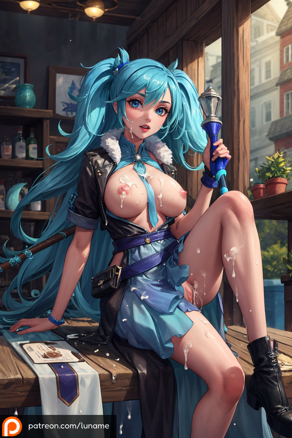 1girls ai_generated blue_eyes blue_hair breasts clothed cum cum_in_pussy cum_on_body cum_on_breasts cum_on_face evie_(paladins) female female_only hi-rez_studios indoors long_hair luname naked nipples nude open_mouth paladins_(game) plant pussy solo staff twintails