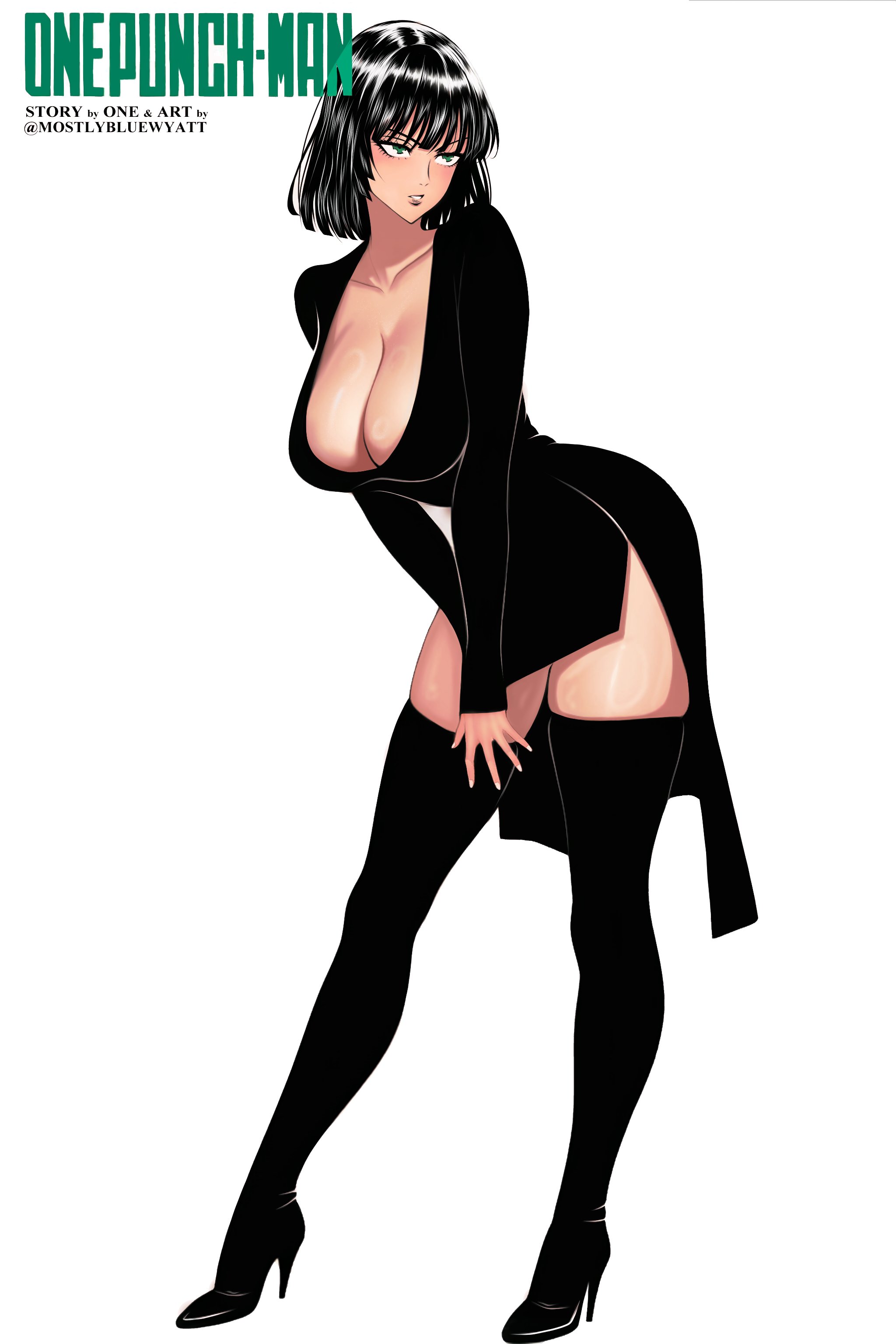1girls, big breasts, black hair, blush, boob window, breasts, clothed, clothing, color, dress, female, female focus, female only, fubuki (one-punch man), green eyes, hi res, large breasts, light skin, light-skinned female, looking at another, mostlybluewyatt, one-punch man, short hair, solo, solo female, superheroine, tagme, thick thighs